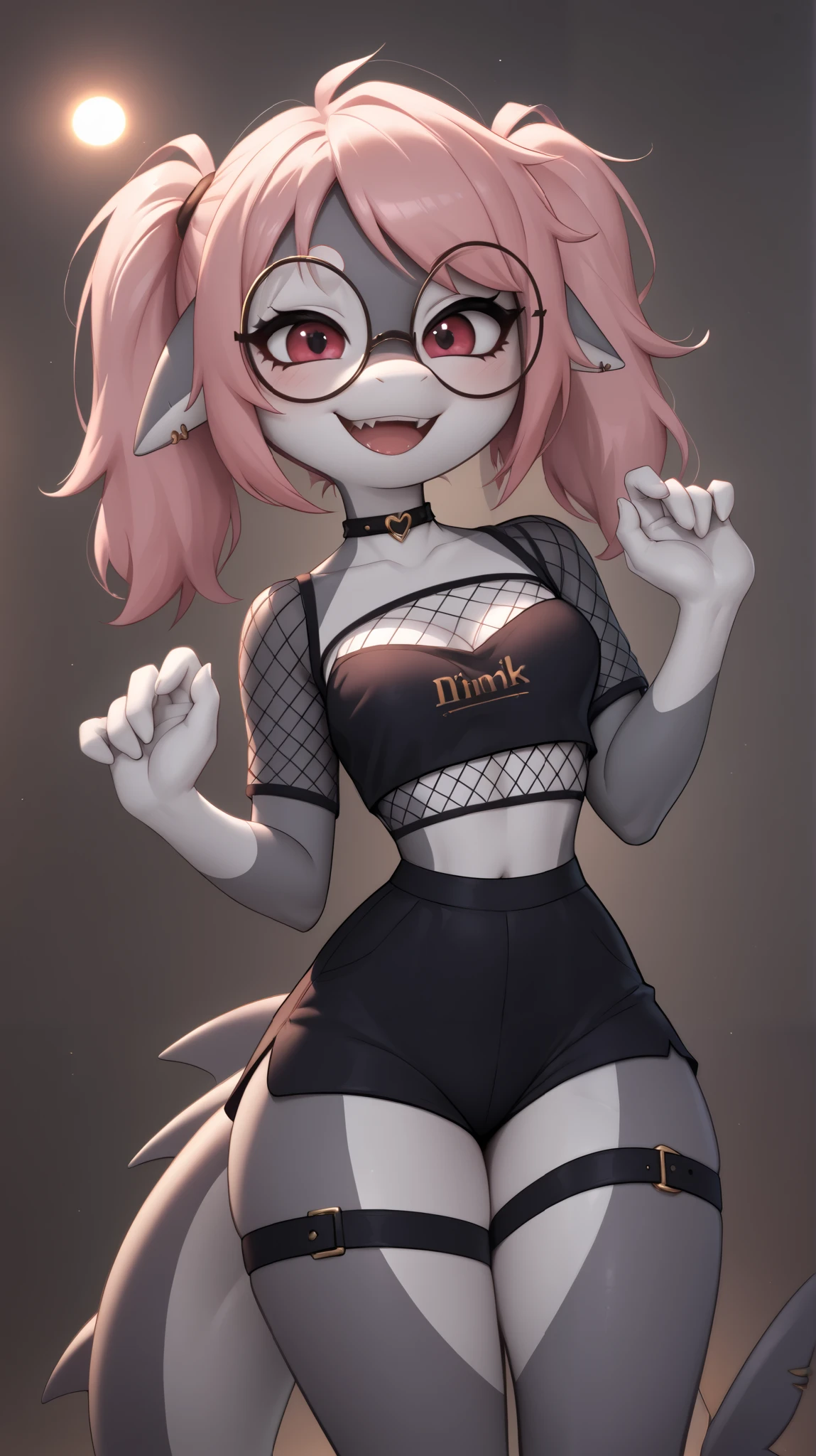 Anthro girl shark, 19 years old, cute, skinny thighs, Standing, horny, excited, pink hair, black clothes, Mesh top, choker, straps, glasses, gold earring