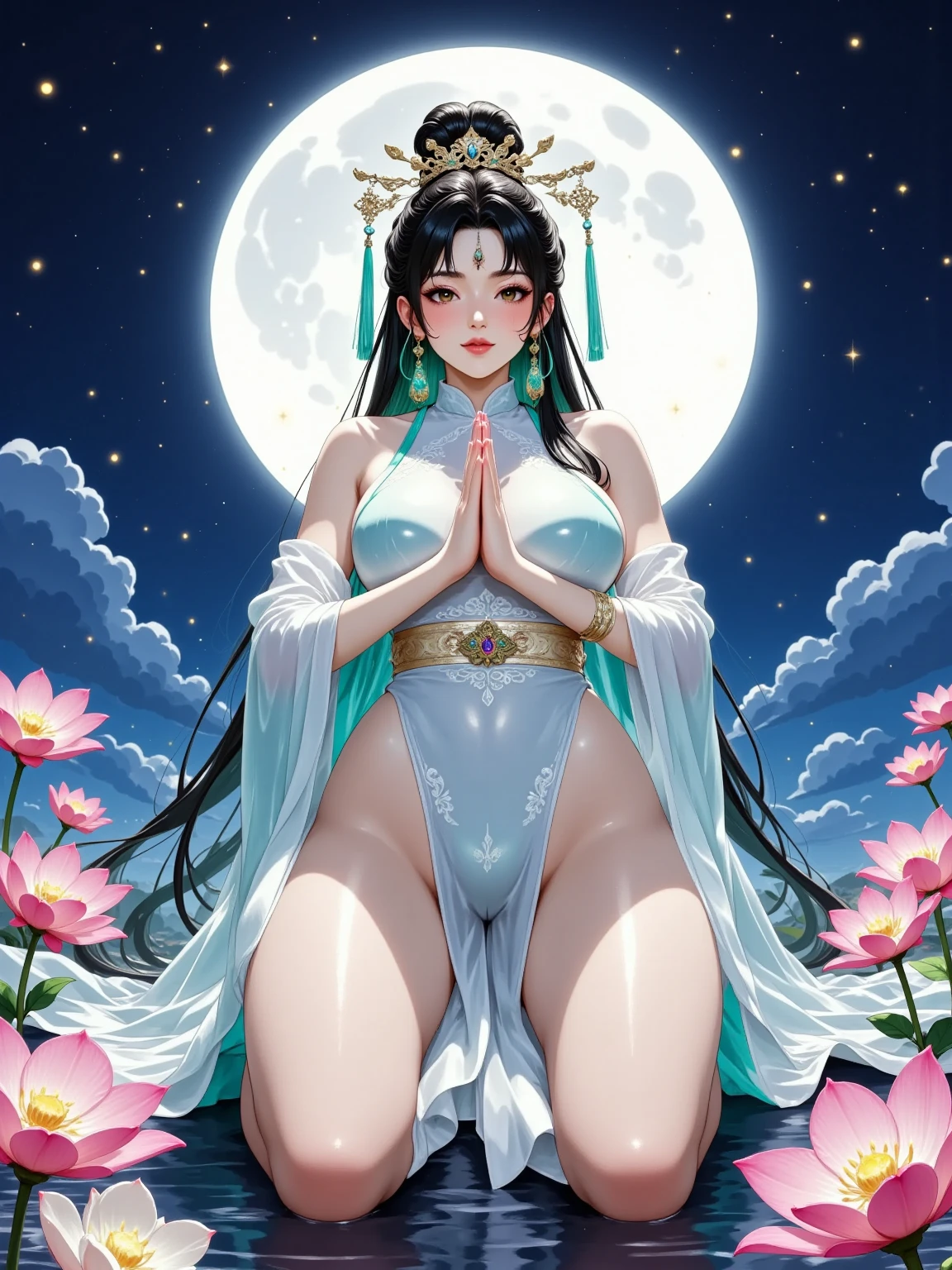 Arafed indu naked  woman ,long black hair, nice thick naked body,full-body image, very hairy vagina, alot pubic hair,nice thick body shape,she is meditating under the full moon light in the temple. 