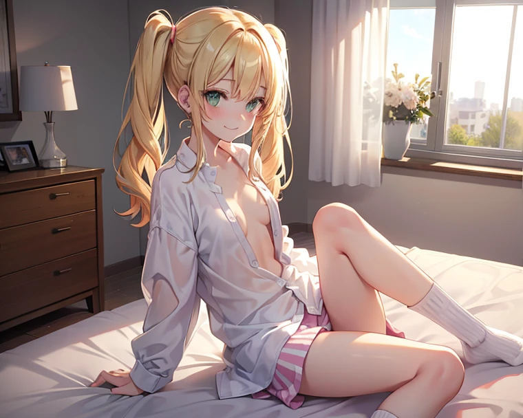 masutepiece, Best Quality,NSFW,Perfect focus, 1girl in,petite body type,(Ahayasaka, Side Ponytail, medium breasts, Necklace, Collared shirt, Black vest, sleeves rolled up, clothes around waist, Black skirt,Yellow hair,blue eyess,Blonde blue-eyed),Ai Hayasaka's uniform,On the bet,((Lying on your back:1.5)),(Spread legs:1.5),Visible panties ,Hands on shoulders,(White string panties,Very thin wet panties,Bite into panties),:1.5,Looking at Viewer, Cute, tiny chest,Beautiful detailed eyes, embarrassed, is crying,A slight smil,Dim bedroom background,(Low position shots: 1.6),(Close-up in panties:1.5),Sweaty crotch,Show off female genitalia、Wet panties、Sweaty crotch、(pantie shot)