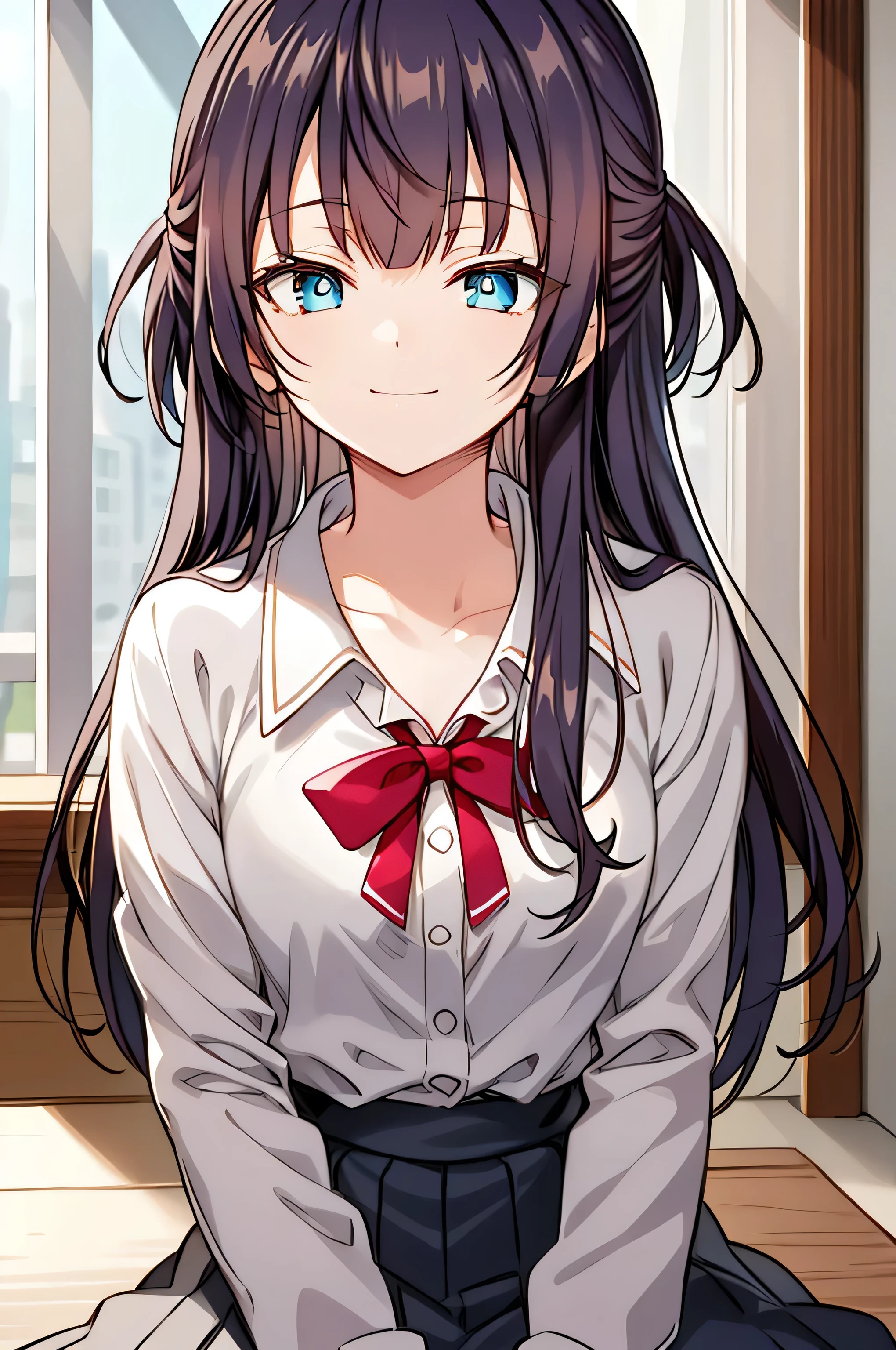 detectiveLunch break,  Smile,  long hair,  bangs,  blue eyes , shirt, Headdress,   long sleeve, skirt, bow,  black hair, Hairpin, blunt  bangs, bowtie, red bow, x Headdress, red bowtie, Lunch break, ( Medium Bust :1.2), rest looking at viewer, rest outside, rest ( masterpiece:1.2),  Best Quality ,   high resolution  , unified 8k wallpaper, (illustration:0.8), ( beautiful and delicate eyes :1.6),  extremely fine facial ,  perfect lighting ,  extremely detailed CG , ( perfect hands ,  Perfect Anatomy ),