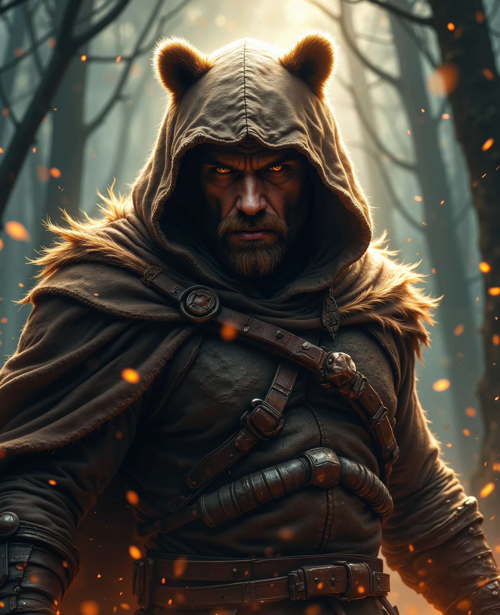 a strong and imposing man, his hood resembling a bear's face, gazing fiercely in a glowing forest, the environment illuminated by a blend of dynamic lighting and soft magical light, thick impasto brushstrokes emphasize the rugged texture of his face and body, bloom effects radiate a warm glow, and fine particle effects dance in the air, blending realism with fantasy in Fantasy Realism style