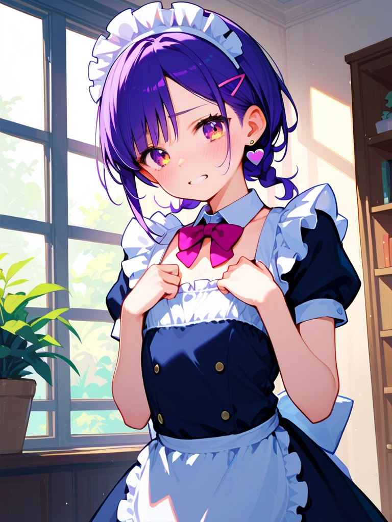 standing, skirt lift, sexy pose, bewitching pose, Highest quality、Best image quality、masterpiece、Anime Style、a girl、Beautiful Eyes、black hair, purple eyes、Short bob cut、(sideburns), middle part, (flat chest)、slender、Tight waist、Small Ass、Round Glasses、Beautiful Face、Natural smile, red cheek, maid costume, pink string panties, In a white-themed room、cowboy shot, Shallow depth of field、