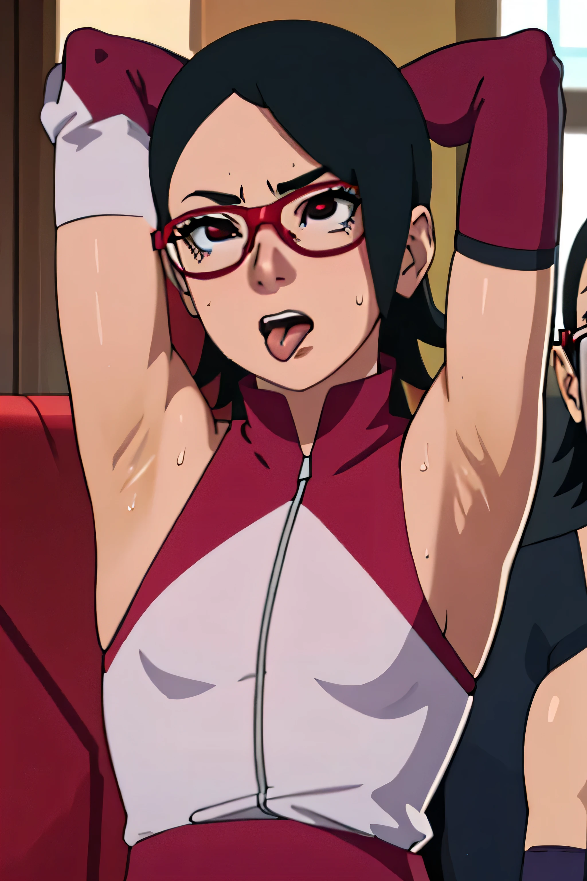 Sarada Uchiha,human woman with tanned skin. She is a 1 ager with black eyes and red clothing. Her hair is black in color; She is beautiful.Wearing red rimmed glasses.Tsundere face. Pink eye shading,mature appearance,armpits,sweat,sweaty,sweaty armpits,arms up,showing armpits,awesome armpits,outfit,blackish red arm warmers,maroon arm bands,maroon arm warmers,showing tongue,tongue out