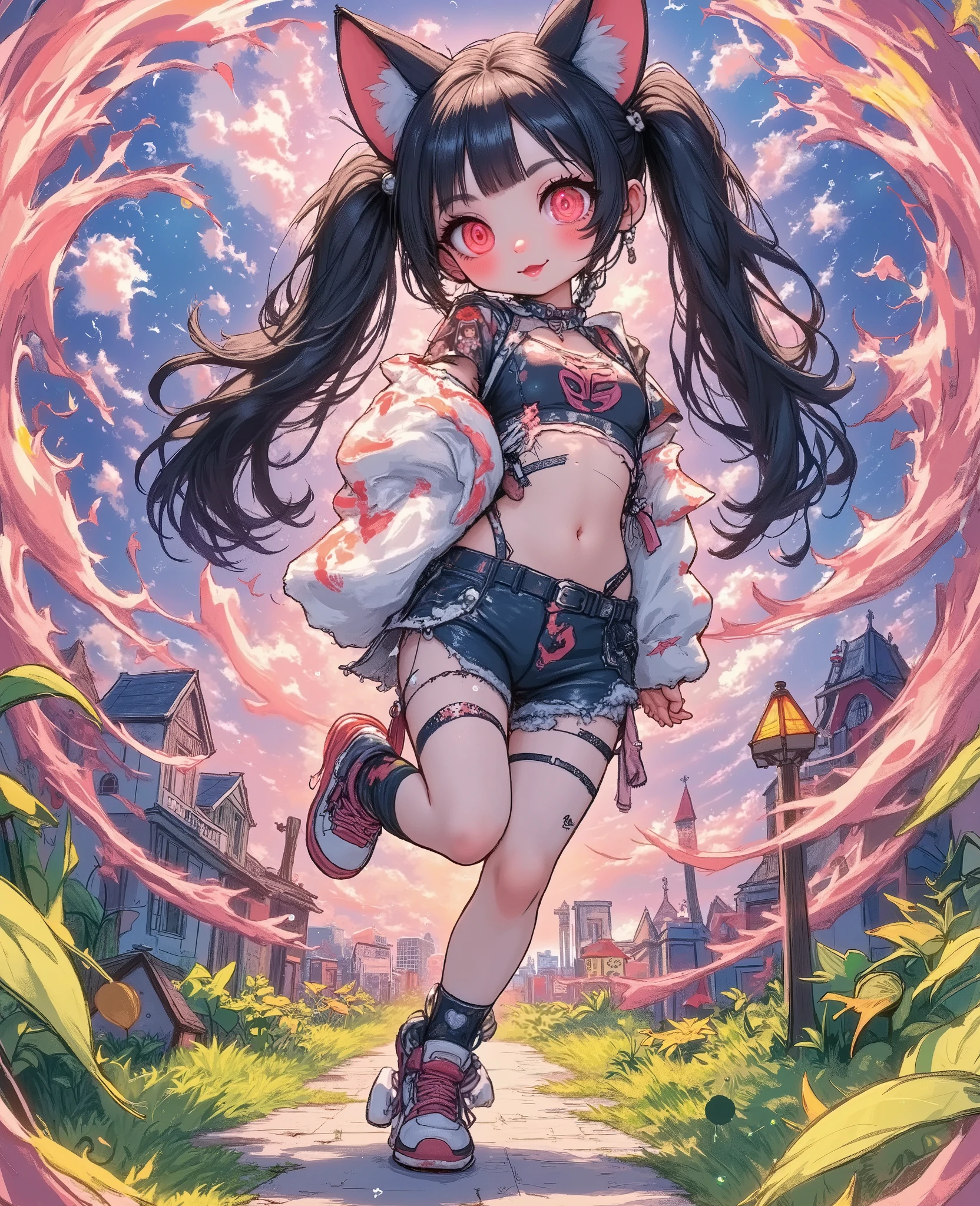 a vibrant and playful depiction of a once intimidating figure transformed into an adorable girl, posing cutely with hands forming a heart, her outfit replaced by pastel-colored fabrics covered in cute motifs, her figure simplified using cartooning techniques, bubbles float around her as glowing lines trace her movements, blending Kawaii and Abstract aesthetics