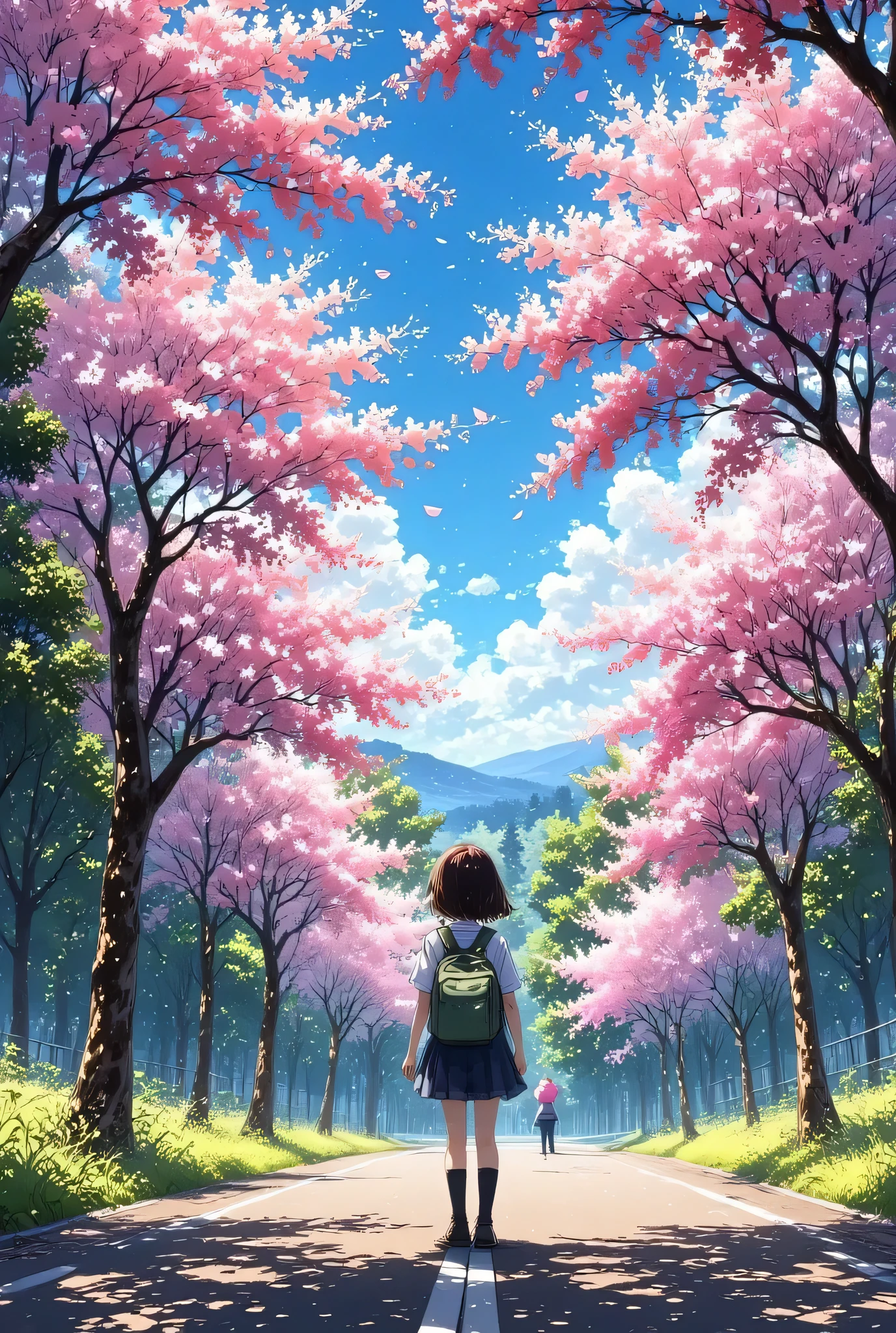 Transcendental Aesthetic Scenery ,Ghibli anime background , (A girl is standing on a road lined with cherry blossoms) super high quality composition , Beautiful Nature, ambient light, Volumetric Light, high resolution environment,Masterpiece, cinematic lighting , ambient light, Volumetric Light, Ultra Aesthetic Environment , 8k, 16k, high resolution, best quality , indirect lighting, Super High Quality Composition