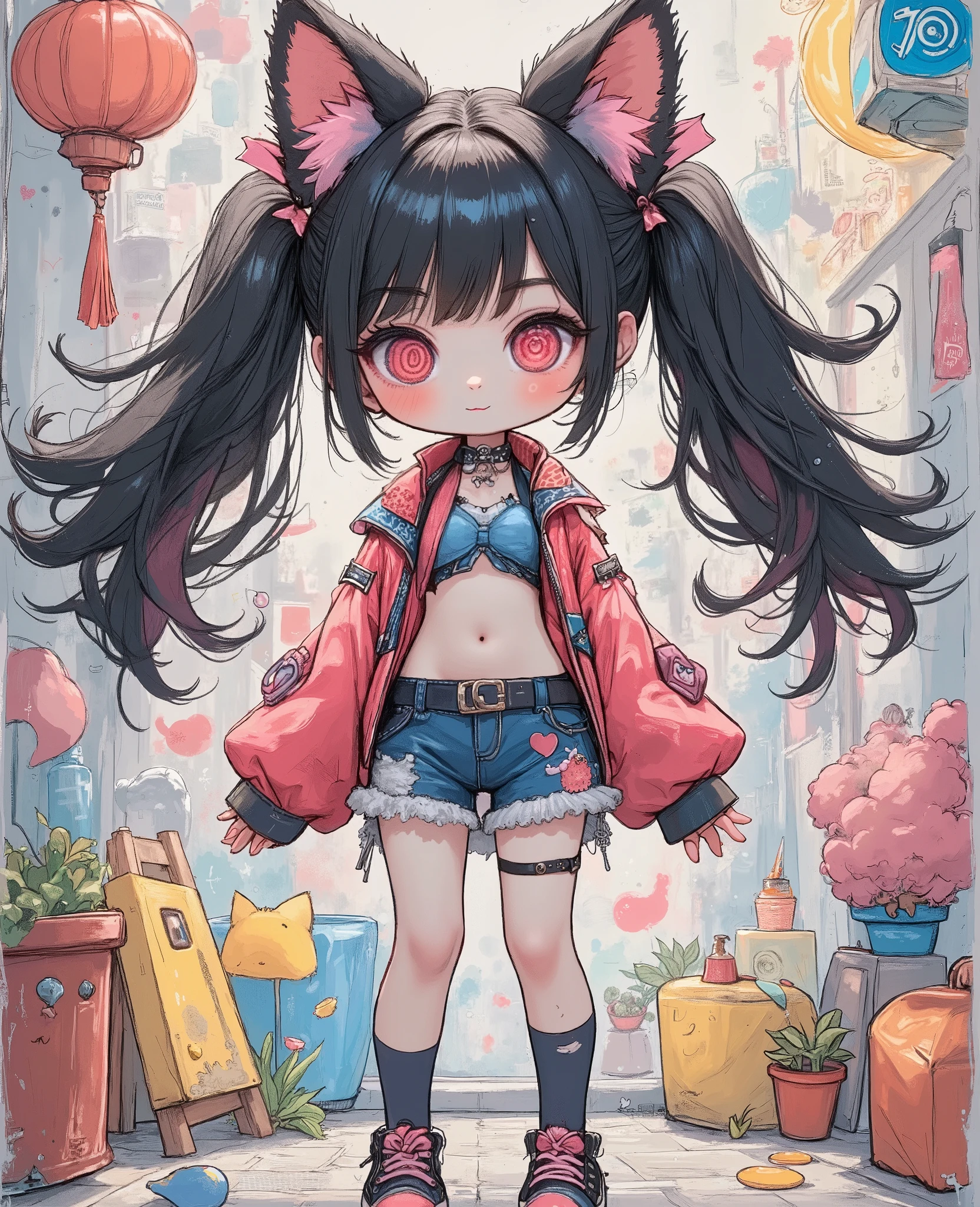 a vibrant and playful depiction of a once intimidating figure transformed into an adorable girl, posing cutely with hands forming a heart, her outfit replaced by pastel-colored fabrics covered in cute motifs, her figure simplified using cartooning techniques, bubbles float around her as glowing lines trace her movements, blending Kawaii and Abstract aesthetics