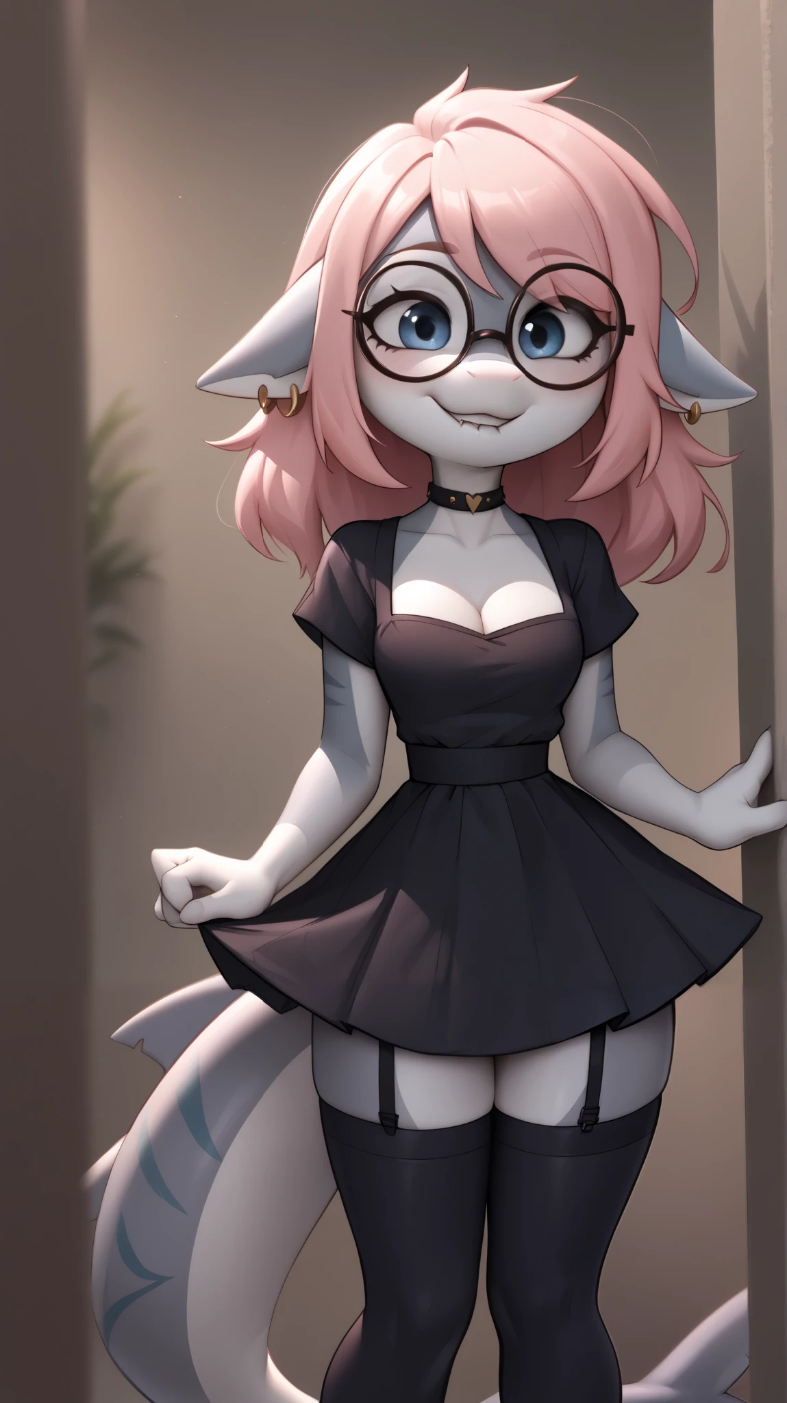 Anthro girl shark, 19 years old, cute, Standing, excited, biting lower lip, pink hair, black clothes, choker, straps, thighhighs, glasses, gold earring