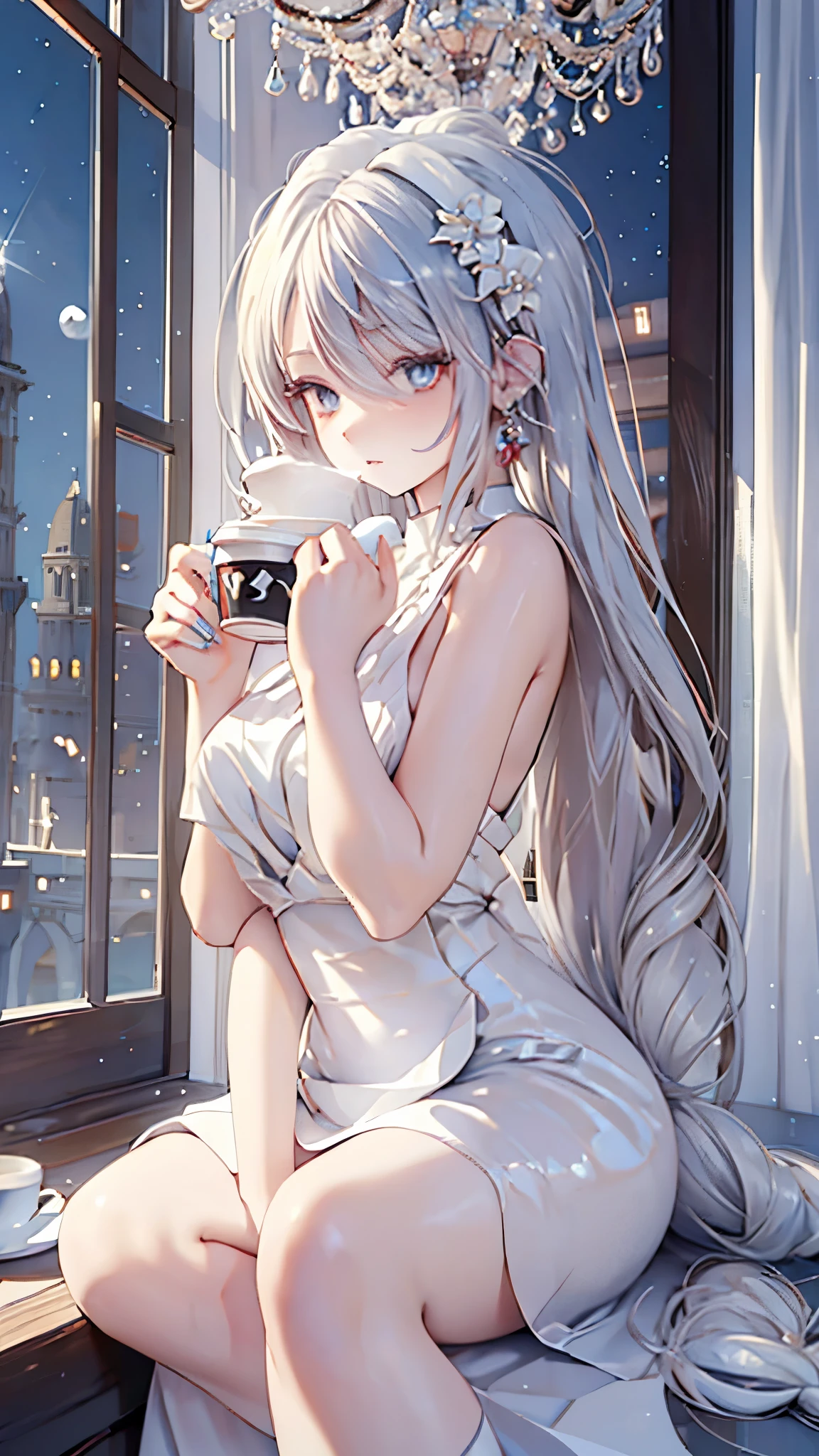 masterpiece, coffee, cafe owner,white hair girl,diamond eyes, pale eyes, starry eyes, myth, fantasy, magic, mana, in tower, fantastic , beautyful