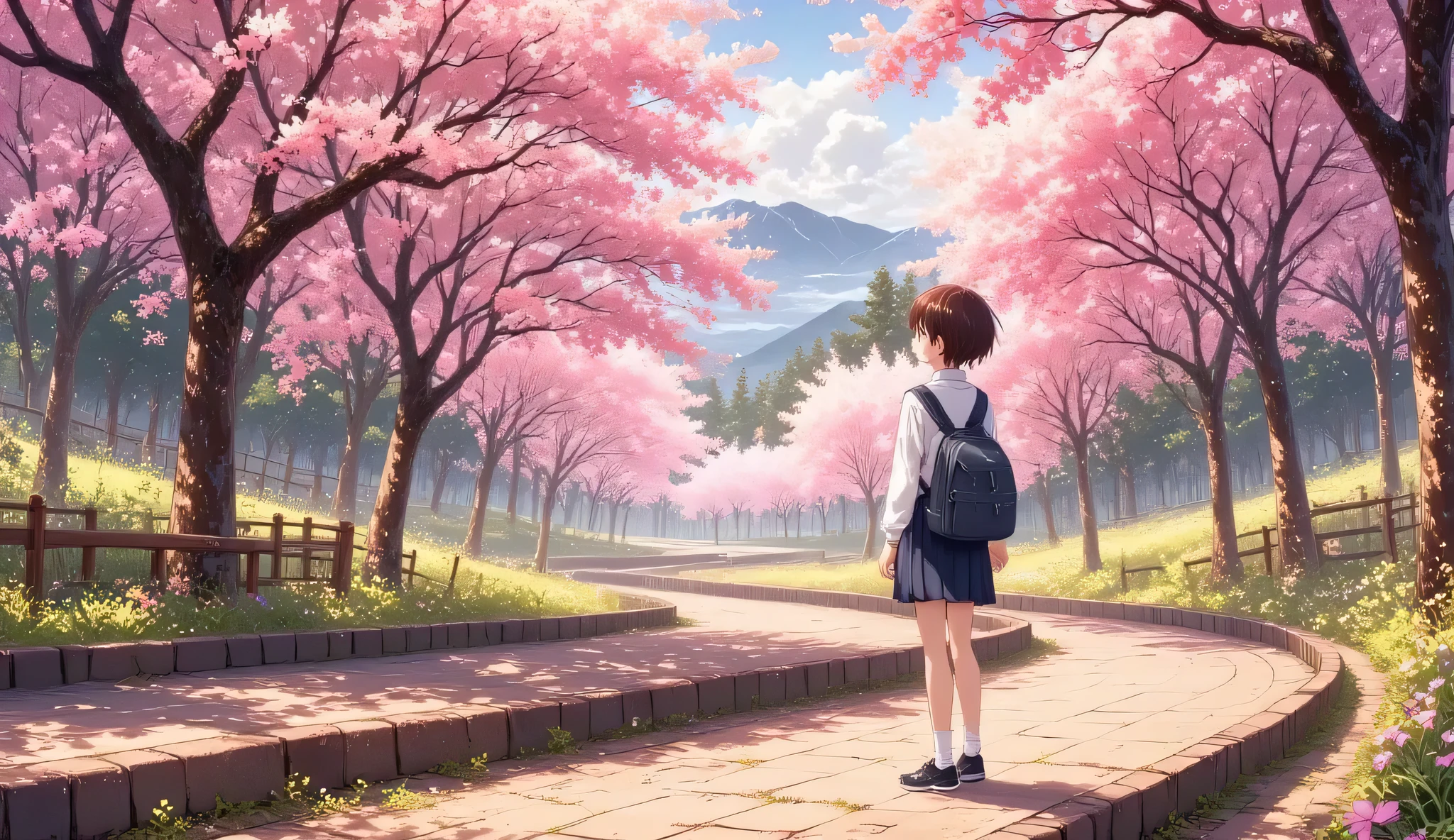 Transcendental Aesthetic Scenery ,Ghibli anime background , (A girl carrying a backpack is standing on a road lined with cherry blossoms) super high quality composition , Beautiful Nature, ambient light, Volumetric Light, high resolution environment,Masterpiece, cinematic lighting , ambient light, Volumetric Light, Ultra Aesthetic Environment , 8k, 16k, high resolution, best quality , indirect lighting, Super High Quality Composition