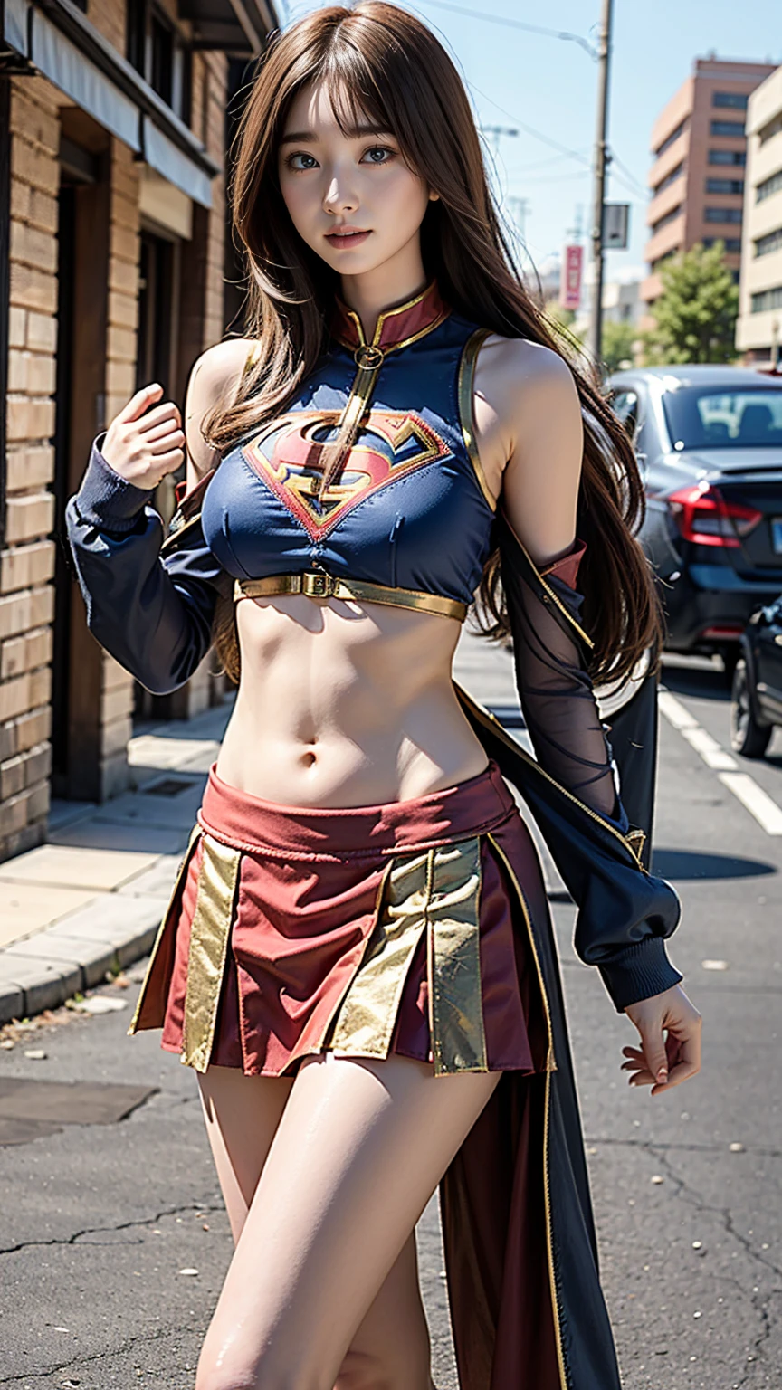 RAW, Best quality, high resolution, realistic, masterpiece: 1.3), Supergirl, black hair, perfect nose, perfect lips, perfect eyes, smiling, detail :1.2), supergirl in short red skirt, blue supergirl skinsuit, full body image detail, watery eyes, RAW, Best quality, high resolution, masterpiece, duchenne smile, toothy smile, show back side, standing, cross legs, spread legs wide open showing white lace panties, red skirt, show cameltoe, medium thick thigh, The Catlins waterfalls, full body picture.