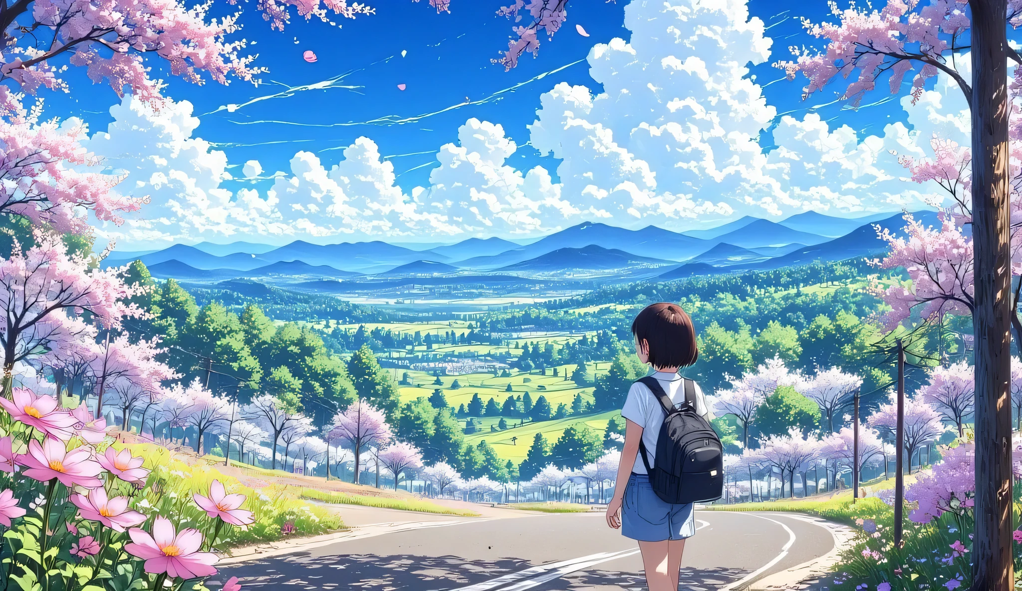 Transcendental Aesthetic Scenery ,Ghibli anime background , (A girl carrying a backpack is standing on a road lined with cherry blossoms) super high quality composition , Beautiful Nature, ambient light, Volumetric Light, high resolution environment,Masterpiece, cinematic lighting , ambient light, Volumetric Light, Ultra Aesthetic Environment , 8k, 16k, high resolution, best quality , indirect lighting, Super High Quality Composition
