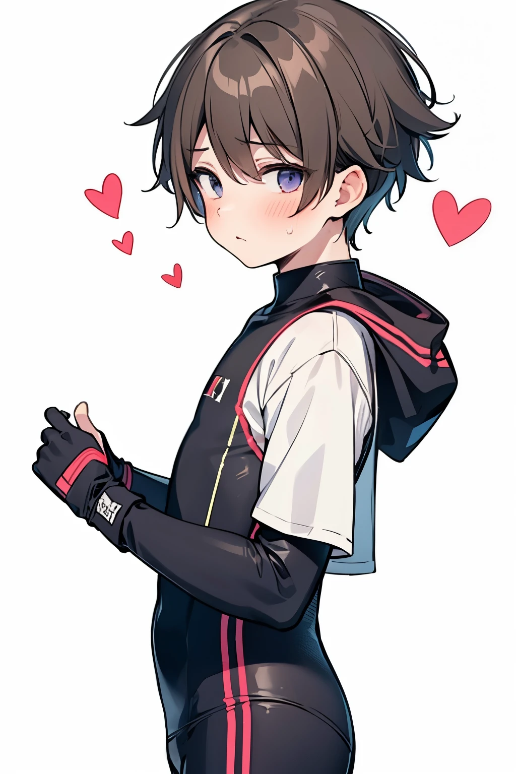 (1-boy :1.5),hypnotism,((Many question mark:1.0)),Short Hair, brown hair,♥️,(NSFW:0.5),(ahegao:0.5),slouch,(( convulsions,Nervous:0.65)),(heart eye:1.0), high school student from the side,test suit, Health Sports, creampied,,looking at viewer