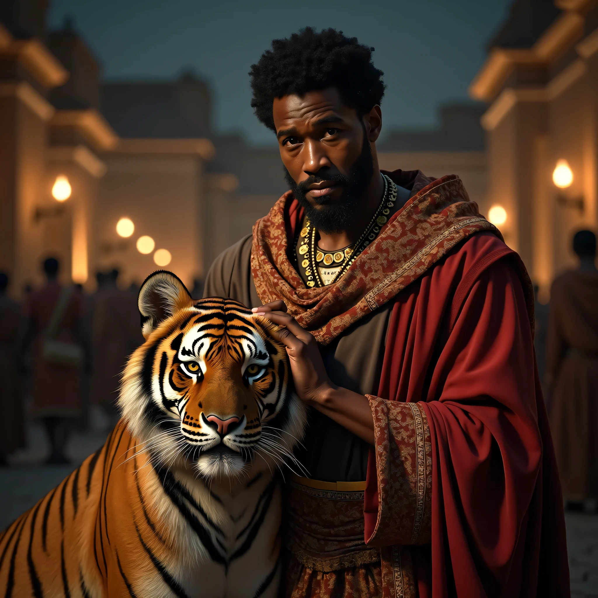 a man in a white robe and two white lions, lion warrior, brown skin man egyptian prince, snoop dogg as a barbarian, ancient kings in white robes, african mythology, king of kings, by derek zabrocki, king of the jungle, loin cloth, powerful warrior, god of cats, portrait of a king, fantasy style 8 k octane render