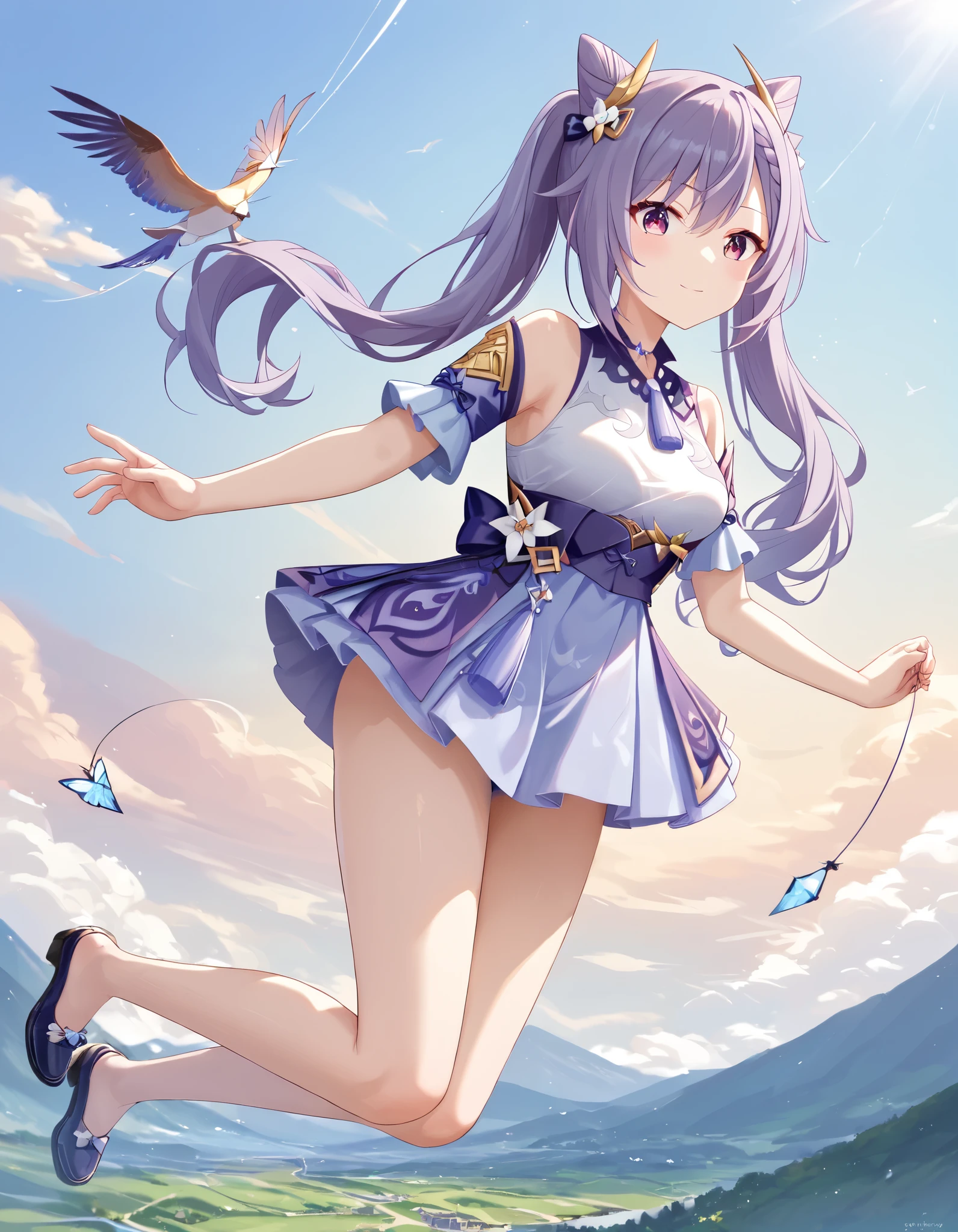 score_9, score_8_ up, score_7_ up, source_Anime, high resolution image ,Masterpiece, best quality , girl , cute face, clean skin,Keqing_genshin,Kite flying,