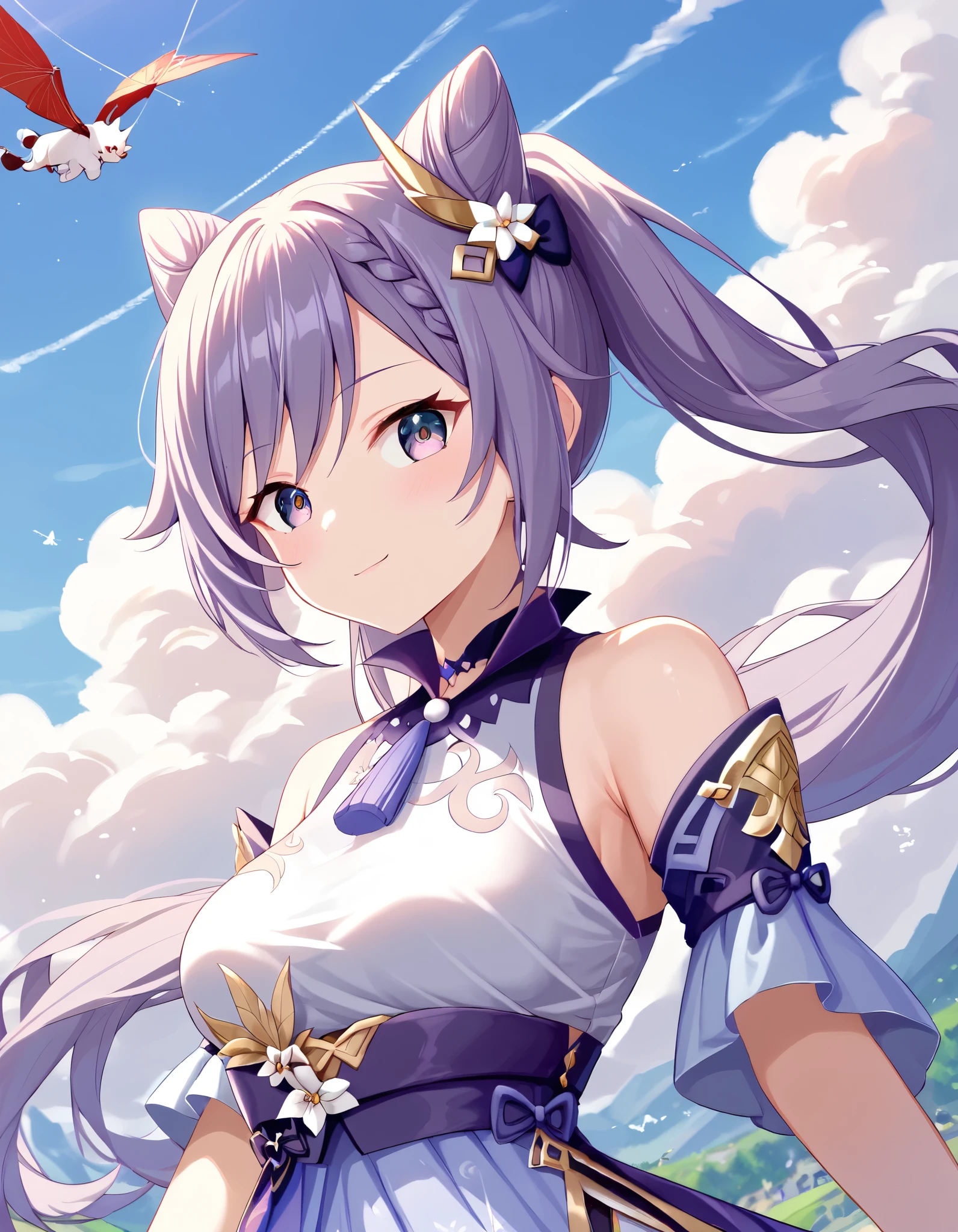score_9, score_8_ up, score_7_ up, source_Anime, high resolution image ,Masterpiece, best quality , girl , cute face, clean skin,Keqing_genshin,Kite flying,