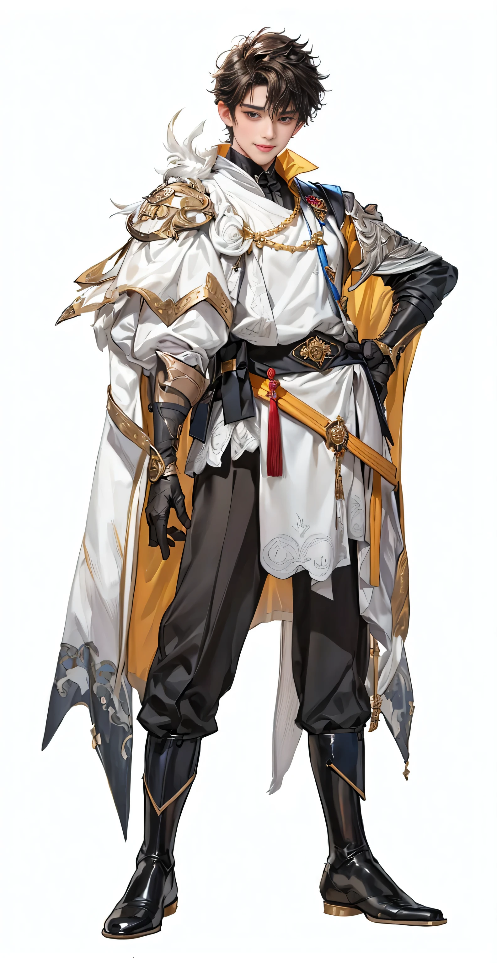 masterpiece、最 high quality 、 high quality 、 1 boy、one person、 Male Focus 、Staring at the audience、 messy brunette 、 cute big blue eyes 、 white 、Noble、Noble、Medieval Ranger、 sexy fluffy red and black cape、Tuxedo、 very fluffy and huge, bulging、 is very big 、 is very big 、Long、 long red and black cloak、High stand-up collar、 reaches the floor、 made of various fabrics。、、 cute beautiful boy 、 cute、 cute、 a handsome man with a gentle smile