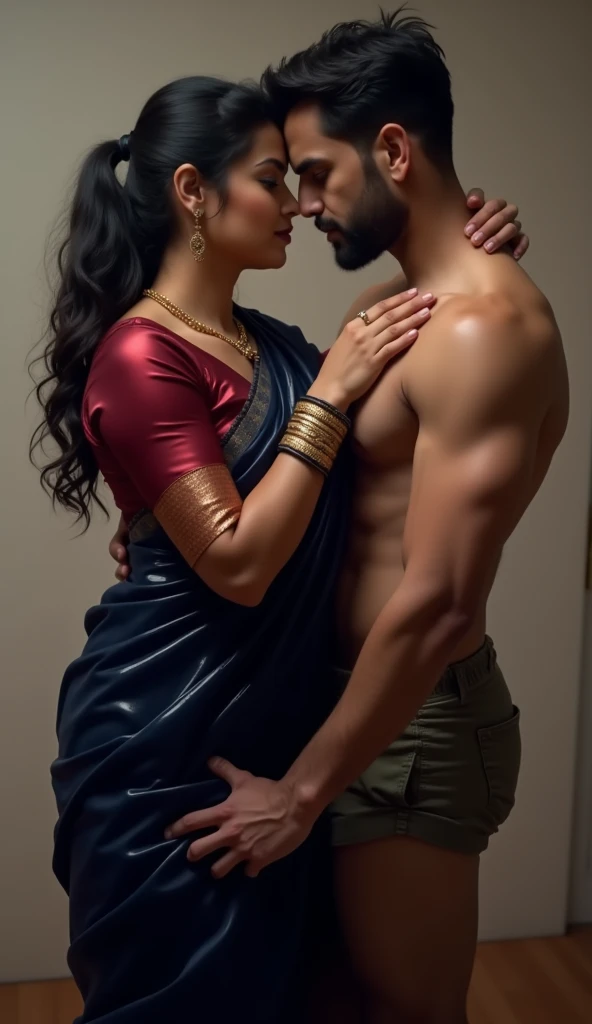 hot curvy white milf with long single plaited hairstyle, big breast, big hip, very big ass, thick thighs, perfect body, woman wearing saree, looking at camera, tall man and short woman, in white room, man with short side fade hairstyle, muscular body, beard, looking at camera,