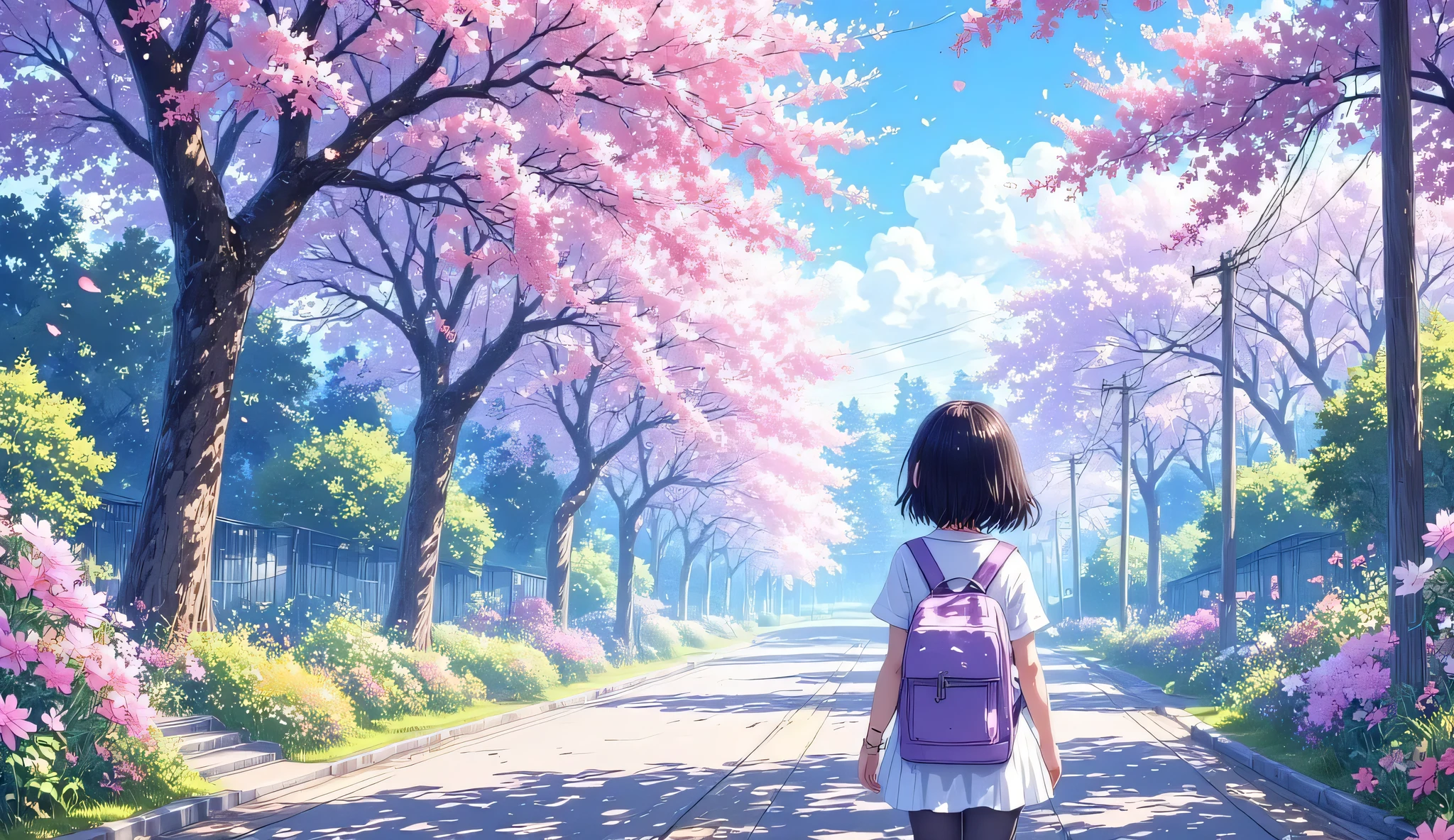 Transcendental Aesthetic Scenery ,Ghibli anime background , (Carrying a light purple backpack on the cherry blossom tree-lined street6Year old girl standing) Super High Quality Composition, Beautiful Nature, ambient light, Volumetric Light, high resolution , cinematic lighting , ambient light, Volumetric Light, Ultra Aesthetic Environment , 8k, 16k, high resolution, best quality , indirect lighting, Super High Quality Composition