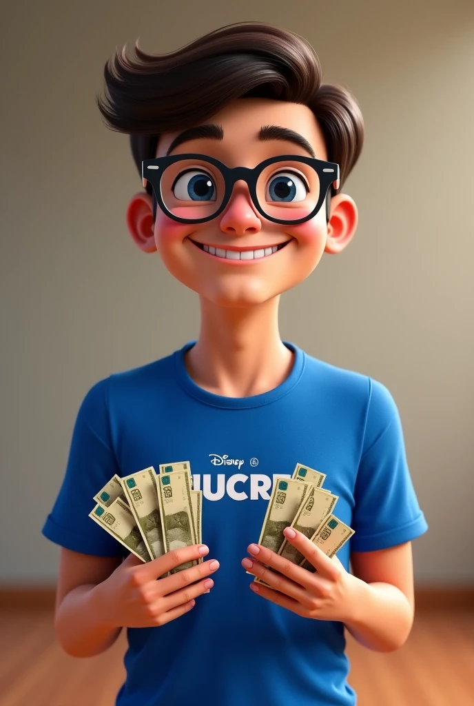 Greek statue with a smile on its face with purple glasses and a purple cap on its head and with LOTS of money in its hand