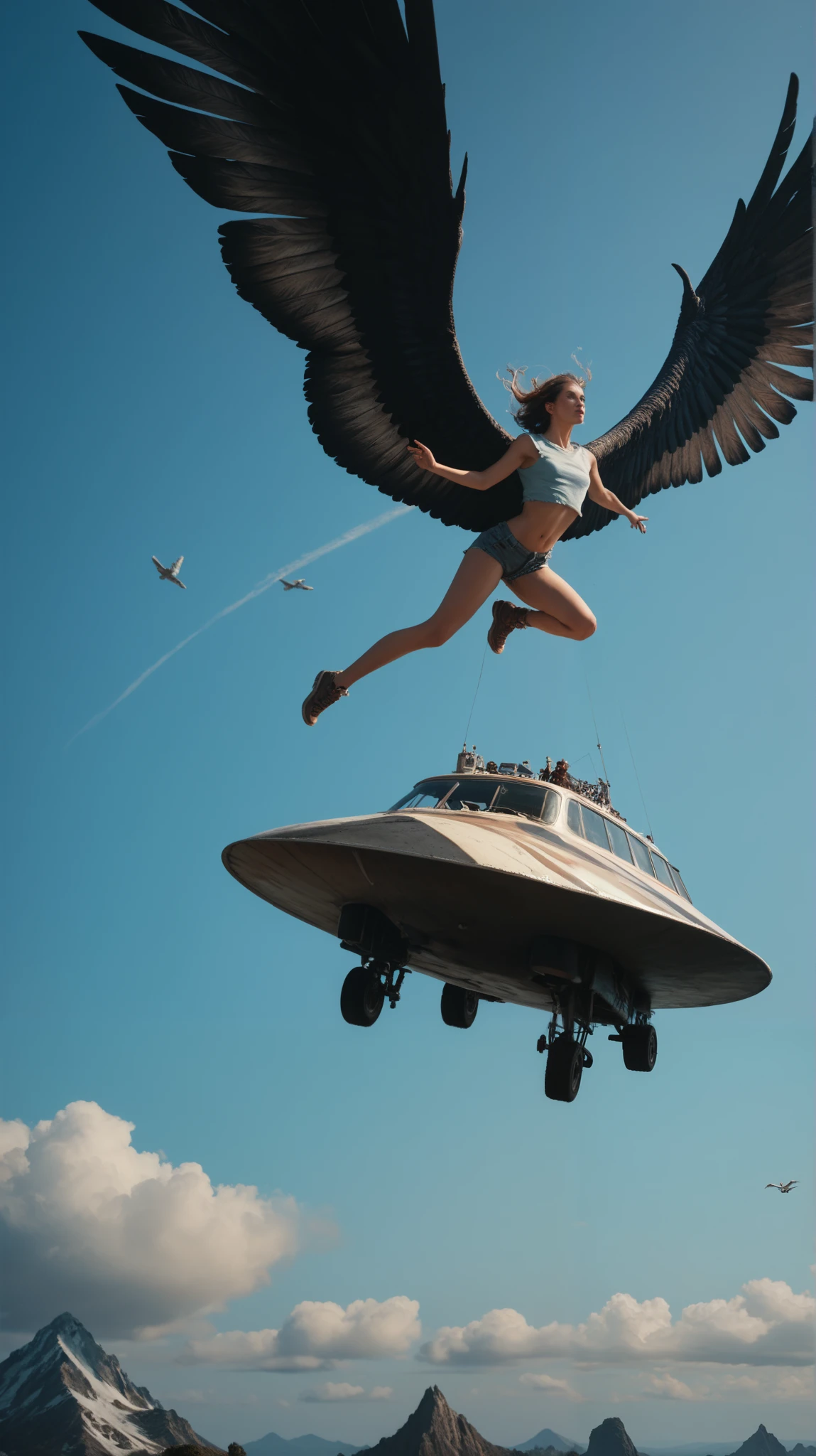 Huge of naked giant woman covering the sky hit the town