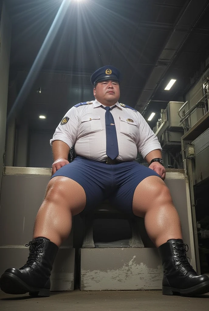 Chinese man, wearing navy cap, big brother, inch head, bald head, muscular masterpiece, air brother, fat and strong, uniform temptation, shorts, smile, uncle, thick legs, fat buttocks, leg hair, socks, inch head, on the plane seat, robust, man, --auto --s2