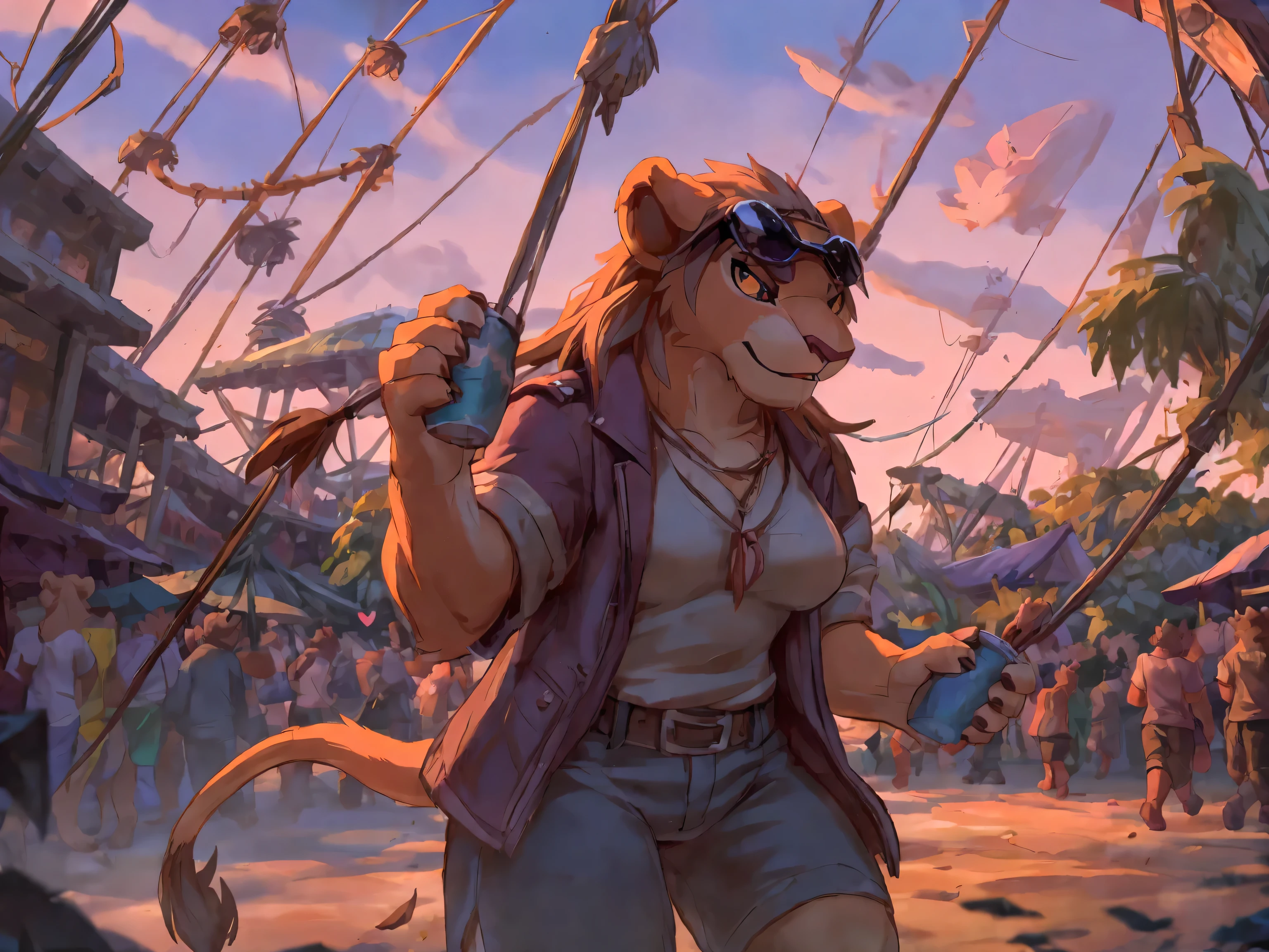 lion, (female:2), 1girl, solo, stare, sincere, masterpiece, (16K), HD, Various facial details, detailed background, very detailed, dynamic poses, Eyes details,  high resolution, high quality, correct anatomy, cartoon, by lindong, by null-ghost, in theme park, holding icecream cone, in the afternoon, finding someone, worried, Wearing sunglasses on her forehead, amusement park