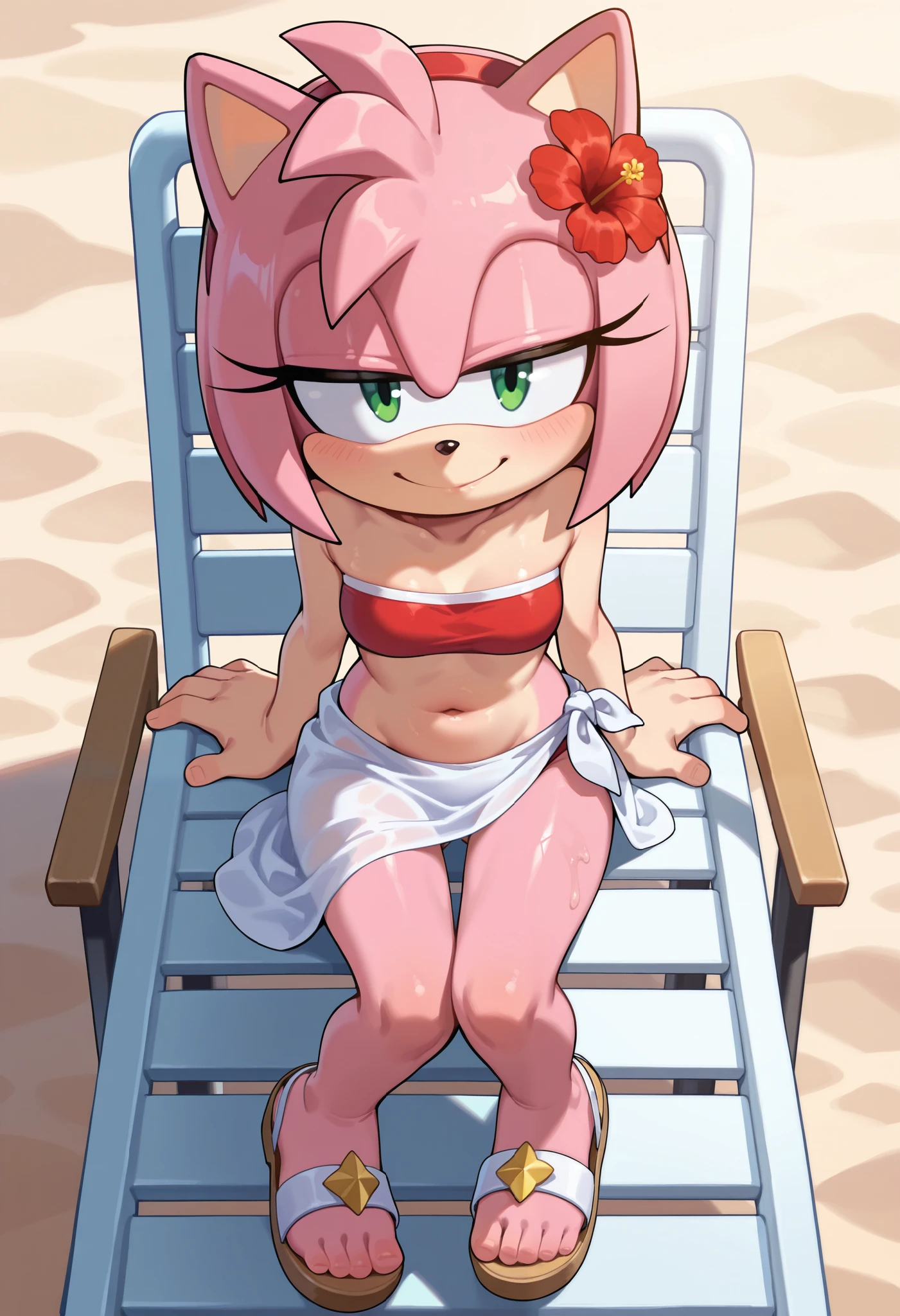Amy Rose, furry female, green eyes, two tone body fur, pink body fur, clear yellow body fur, pink spiky hair, spiky ponytail, small breasts, ((flower on hair, red frilly bikini, red frilly skirt)), detailed body fur, detailed body, detailed face, detailed eyes, glistering body, shiny body, skinny, :3, (best quality), cinematic lighting, looking at viewer, anime style, beach, clear sky, straddle view, low angle, 
