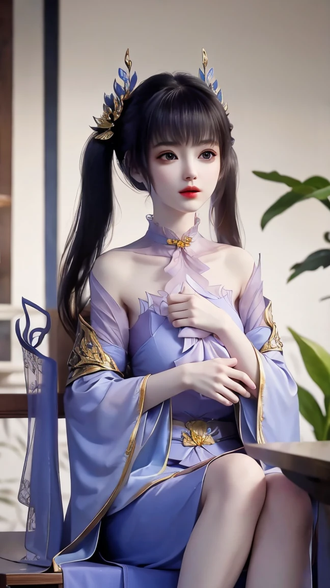 Blue Garden ,Sitting Chinese woman , Exquisite Face,Bangs, long hair , , Wearing a Hansel, Thoughts