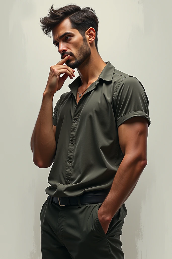 Thin hairy chest handsome moustache down arab guy shirtless sunny day brown beautiful eyes short black curly hair happy garden underwear hands on waist