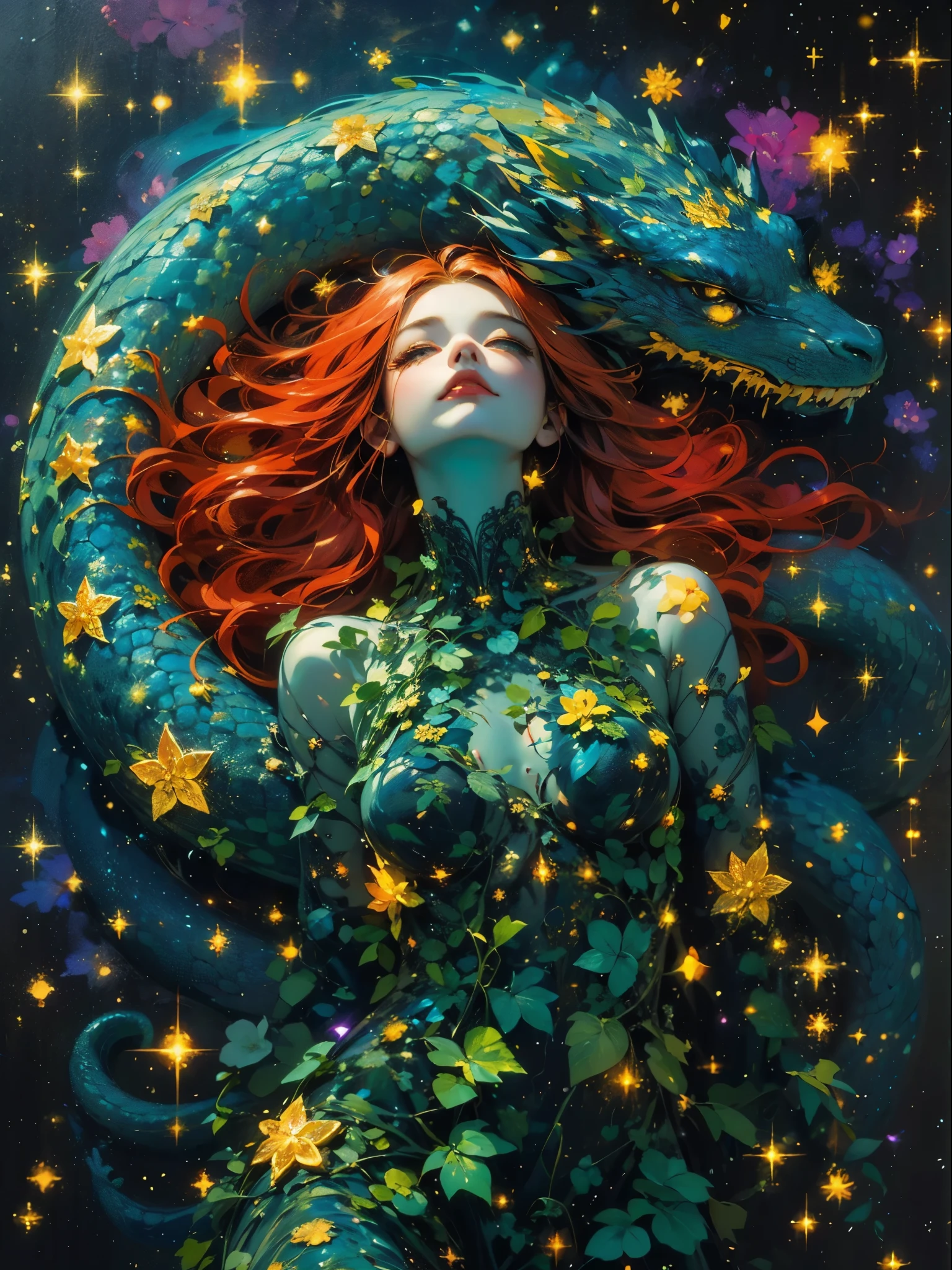 cuadro de una mujer pelirroja y vestido verde, Diosa del horror Eldritch, pete mohrbacher, estilo de peter mohrbacher, estilo peter mohrbacher, in estilo de peter mohrbacher, Graphic Artist Peter Mohrbacher, Peter Mohrapcher'', peter mohrbacher donato giancola, Peter Mohrapher C 2 0