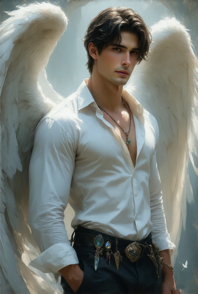 masterpiece, best quality, realistic, ultra high detailed, movie poster style, (angel character design):1.5, sexy and galient posture showcasing his muscularity and sensuality, celestial, (In a tranquil garden where celestial butterflies flutter amidst radiant flowers), a tall, hot, handsome and muscular young angel in his 20s with a sexy face stands, embodying both beauty and strength. His short stylish dark hair glimmers in the soft sunlight, accentuating his strikingly handsome face. Chiseled face with attractive features, high cheekbones, sharp jawline. His eyes are captivating, looking at the viewers with a warm gaze. His smooth white skin is glistening under the sunlight with a sheen of sweat. (He is wearing a (sensual, homoerotic, unbuttoned ((cyan silk shirt):1.5) revealing his strong muscular chest and sculpted abs)):1.5, black trousers. A belt adorned with an array of tools—delicate carving knives, sparkling gems, and miniature celestial devices—wraps around his waist, each piece reflecting the beauty of his surroundings. His majestic large angel wings, constructed from shimmering feathers, extend majestically behind him. The garden buzzes with life, illuminating his flawless skin with a gentle, dappled glow. extremely dramatic lighting, perfection, extremely sensual, highly erotic, most sexiest,