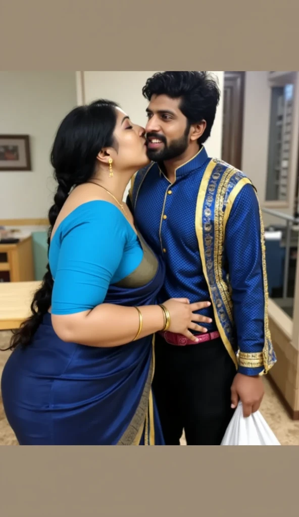 A 25 year old beautiful South Indian plus sized blue colour glittered skirt and blue colour chiffon blouse wearing teacher and her friend kissing a 68 year old man in bed room,