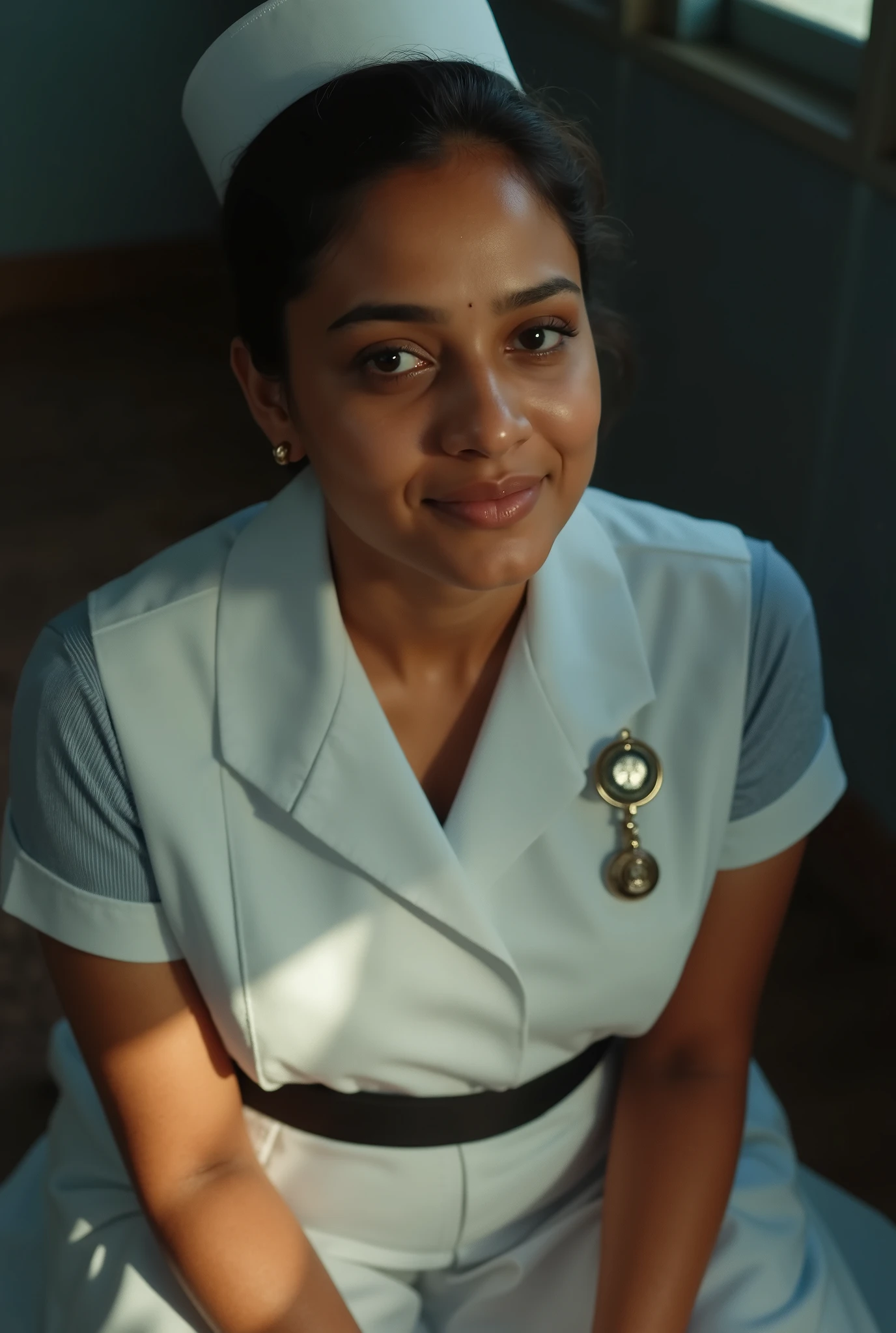 photo of a Sri Lankan 25 years old nurse, Sri Lankan woman face, wearing nurse cap, nurse uniform, white above knee skirt, white socks, white nurse shoes, classic bun short hair, black strip in waist, big chest, cinematic lighting, orgasm face, cowgirl, sitting on floor, cum on face, POV face from above, dark room, sun rays, sun kissed, tan color skin , sweaty skin, non-nude, nurse