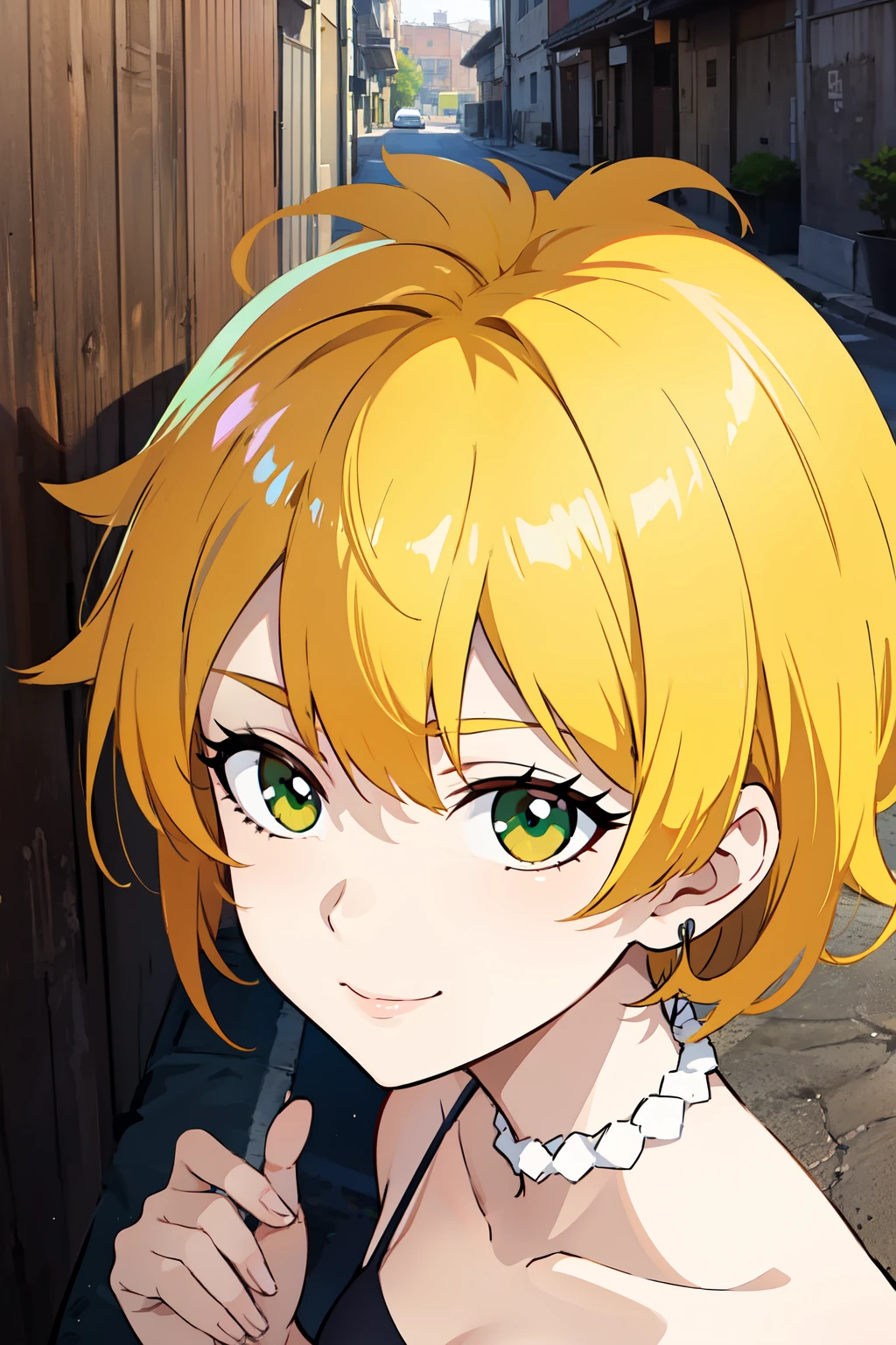 masterpiece:1.2, best quality, detailed,Super high quality,perfect anatomy,beautiful light and shadow, ,Beautiful white skin ,blonde hair, green eyes,slim, young woman in her early 20s ,1girl,selfie at park, solo, very detailed eyes, smile, anime style , 8k digital painting, sfw, short hair, (Lisa Simpson), , wearing a green tight dress, high angle,
