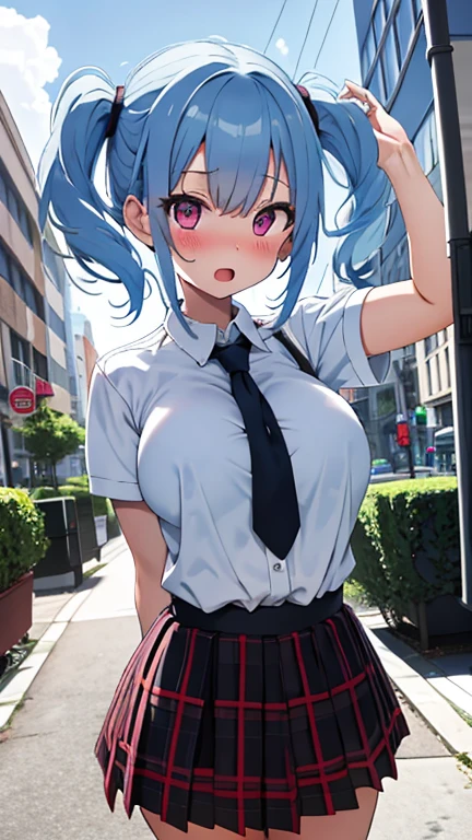 concept:beautiful woman portrait. quality:(最高quality, 8k, 4k, High resolution, masterpiece:1.2), Super detailed, (real, photorealistic:1.37), 高qualityのアートワーク, beautiful illustrations. illumination:Bright colors, Lens flare, The overall dramatic atmosphere of the scene, natural light. Subject information:alone, sexy woman, (round eyes), (small face), (high detail skin:1.2), long eyelashes, glossy lips, smile, (light blue hair, braided hair, blue eyes), perfect face, cute face, shiny skin, long eyelashes, (big breasts), かわいいsmile:1.2, (anatomically correct), (私立high , red bow tie, high school uniform:1.2, black jacket, open jacket, white shirt, dark blue plaid skirt, seductive thighs). Other details:Bus stops:1.2, Landscape, Turn around and smile:1.2, 細部までこだわったrealな光と影, (((sunny day, The wind feels good, fluttering clothes and hair))), background bokeh, 500㎜, f/4.0, photo shoot.