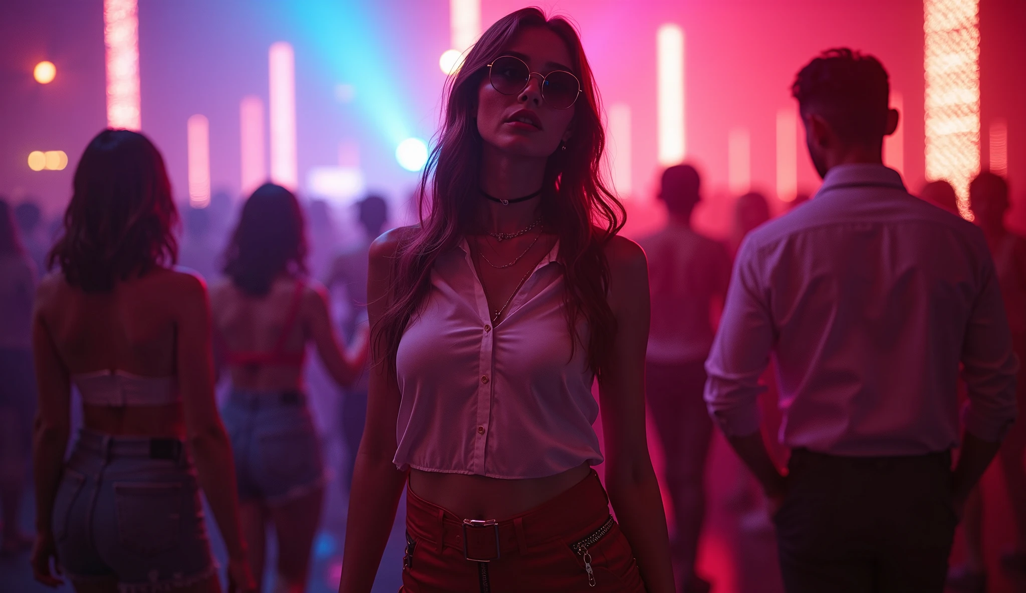 A 25 year old athletic short 4’10” woman wearing a blank t-shirt and jeans at a strip club. Nude strippers in the background. She should be noticeably short