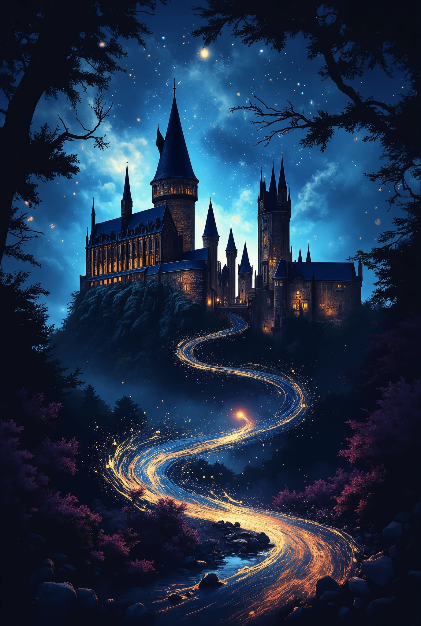 A design inspired by the magical world of Harry Potter、Strange Scenery 。In the background、 the silhouette of Hogwarts Castle floats in the dim night sky 、The stars are shining。 magic wands and magic spells are drawn and 、 creates a mysterious atmosphere。The colors are based on deep blue and purple, and 、 gold accents are applied 。Overall、 Please finish the design with a sense of mystery and magic charm。