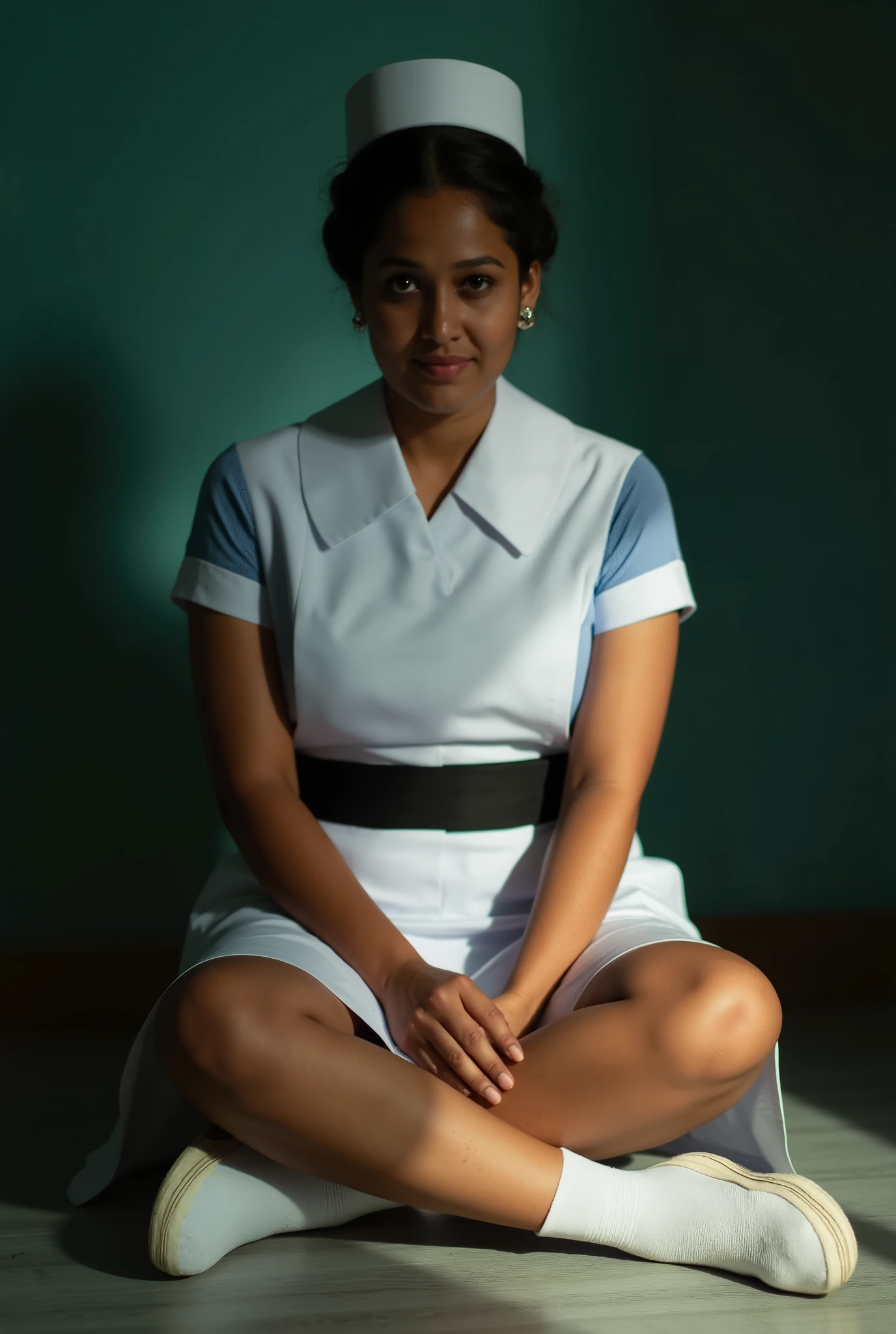 photo of a Sri Lankan 25 years old nurse, Sri Lankan woman face, wearing nurse cap, nurse uniform, white above knee skirt, white socks, white nurse slip-on shoes, classic bun short hair, black strip in waist, big chest, cinematic lighting, seduce face, cowgirl, sitting on floor, cum on face, POV from above, full body view, dark room, sun rays, sun kissed, tan color skin , sweaty skin, non-nude, nurse, dramatic light, nurse, uniform, Sri Lankan
