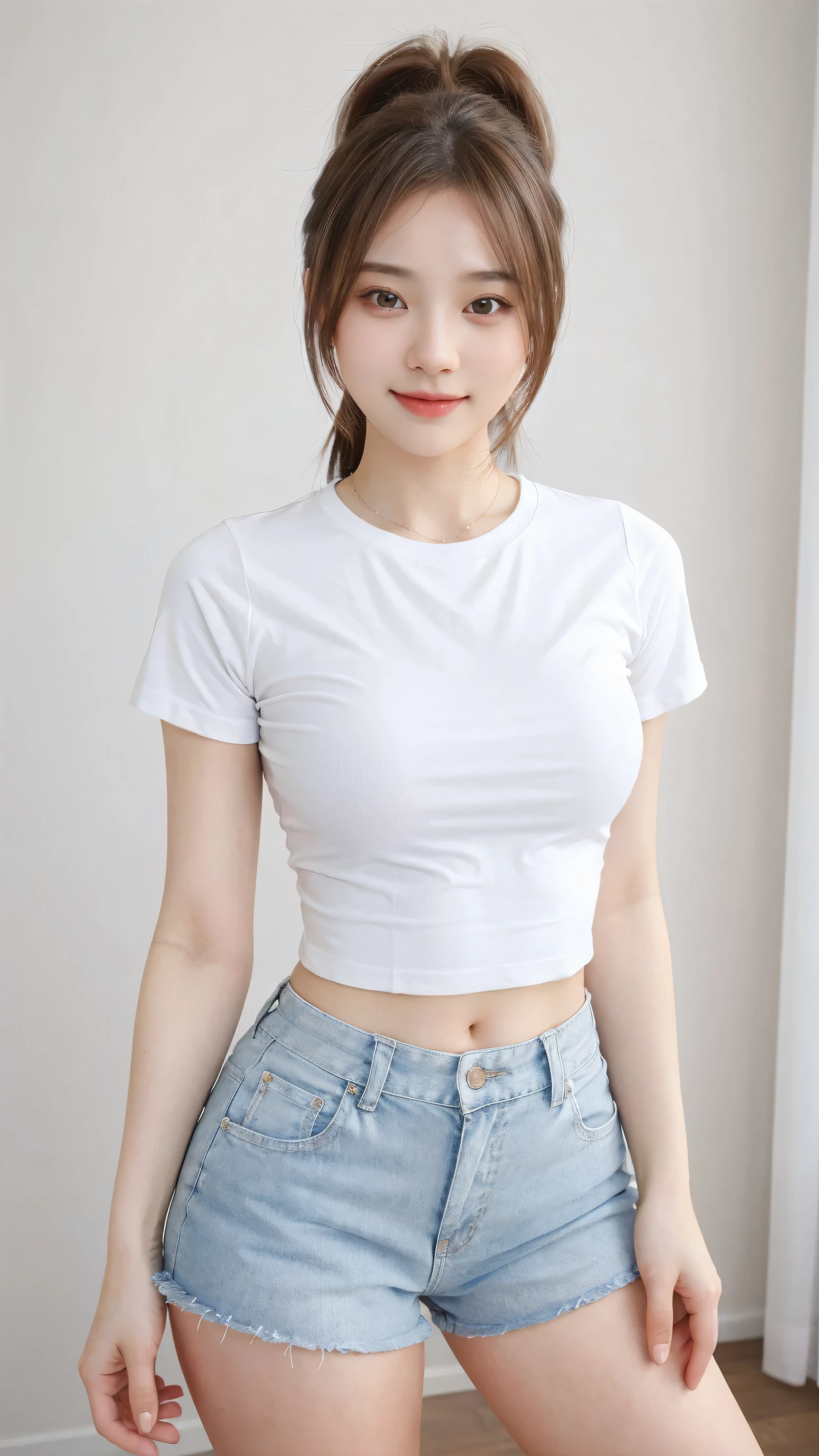 masterpiece, high quality. beautiful young girl, wearing white t-shirt, sexy shorts, cute body. dynamic high ponytail