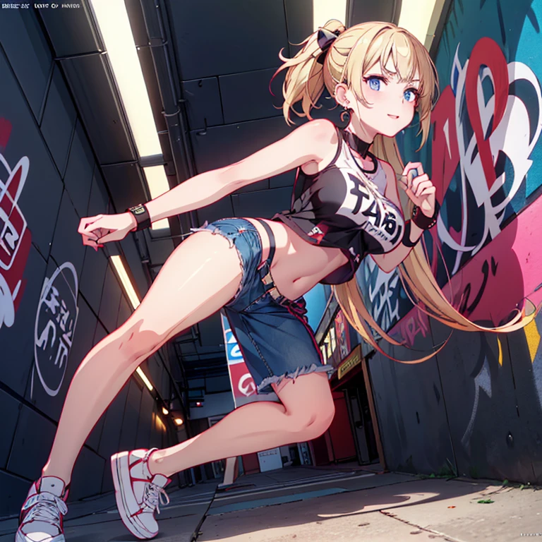 (RED Ribbon on HAIRband:1.2),a young anime character sitting and pointing her finger down towards the camera, 1girl, solo, long hair, Small breasts, cosplay, skirt, tifa lockhart, thighhighs, jewelry, armpits, navel, arms up, crop top, blonde hair, looking at viewer, black skirt, earrings, gloves, smile, underwear, panties, squatting, red eyes, fingerless gloves, midriff