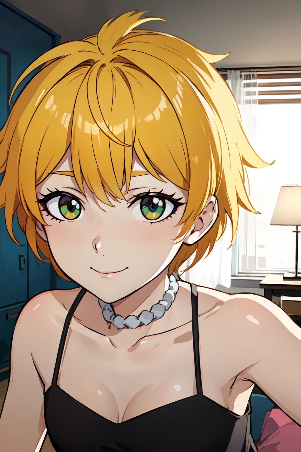 masterpiece:1.2, best quality, detailed,Super high quality,perfect anatomy,beautiful light and shadow, ,Beautiful white skin ,blonde hair, green eyes,slim, young woman in her early 20s ,1girl,selfie at bedroom, solo, very detailed eyes, smile, anime style , 8k digital painting, sfw, short hair, (Lisa Simpson), , wearing black_underwear, high angle,