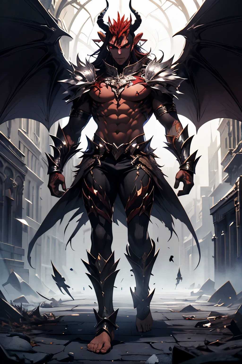 Statue design, Figure, GK model, Full body character, Beautiful demon, super ???????????, demon, ???? for, Stroking ???????, Wings, beautiful, Exposing muscles, base, Wu Yifan, Beautiful cybernetic boy looking at the camera lingerie, masterpiece  detailed muscle reality ,muscular