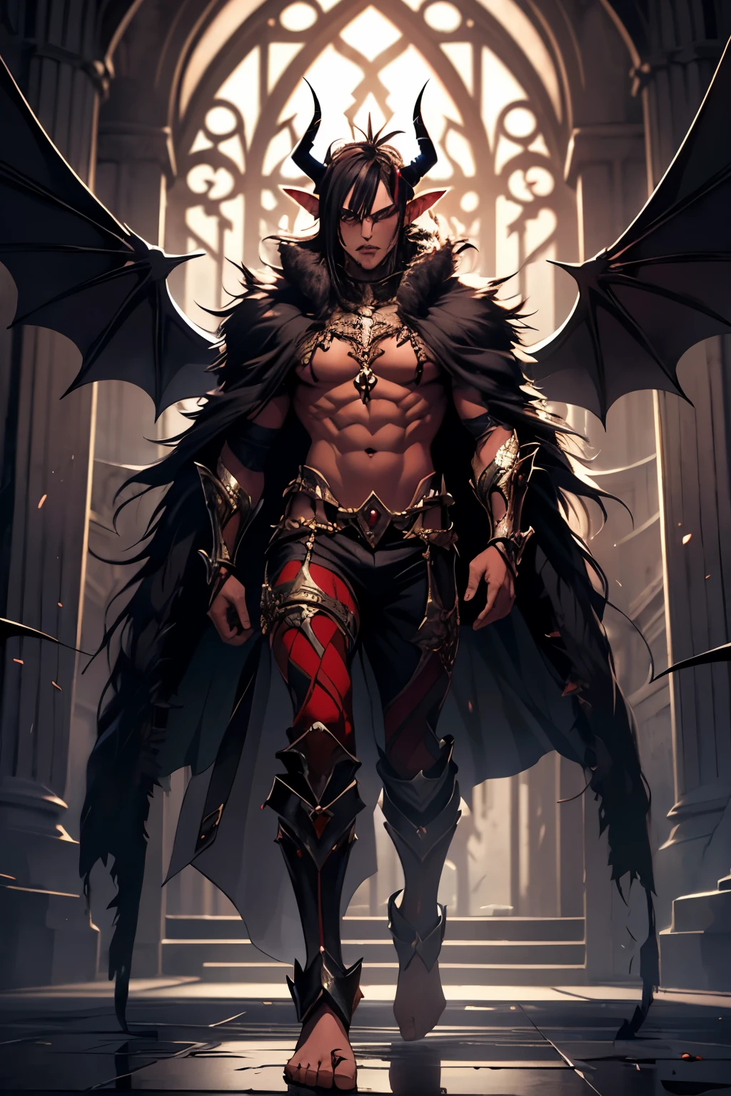 1boy, masculine, demon, spiky messy white long hair, red eyes, blood tears, ear piercings, face piercings, blood, scars, tattoos, bats, mechanical arms, wearing black robot armor, knight, wearing black fur cloak, mechanical wings, mechanical horns, graveyard, night, high res, ultrasharp, 8k, masterpiece, looking at viewer