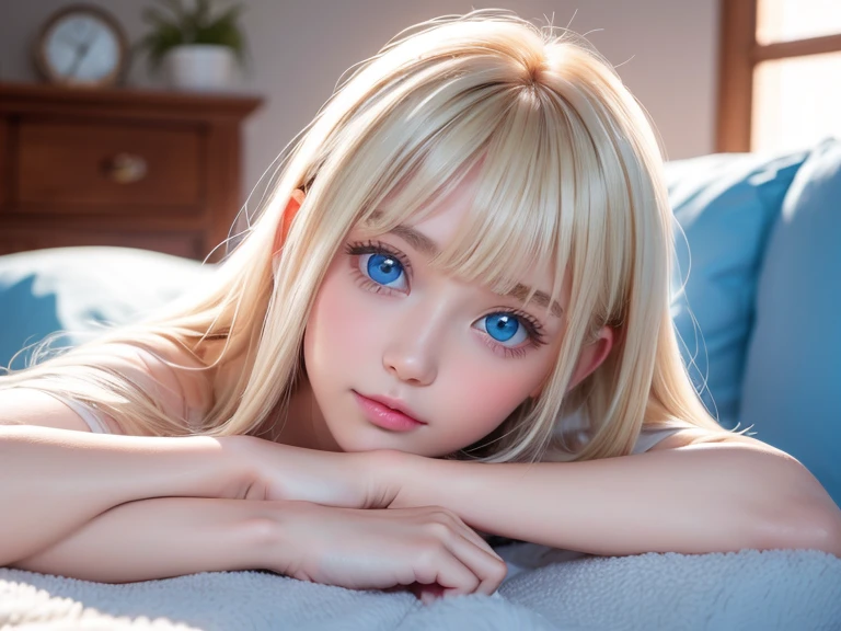 A very white and beautiful 20-year-old blonde girl、Mastepiece, Best Quality, Illustration, Ultra-detailed fine details, Natural platinum blonde with a natural shine、Super long straight silky hair、Super long Rapunzel hair、disheveled bangs above the eyes,、Bangs that cover the face、High resolution, 8K Denden Wallpaper, Perfect dynamic composition, Beautifully detailed large light blue eyes , Very big eyes、of hotel(Bed)、Small Face Beauty、Round face、On all fours