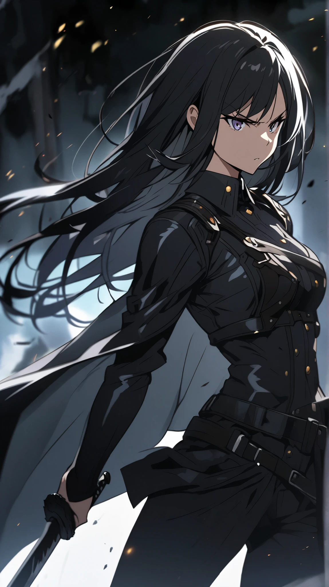 anime female, serious, black sword, black hair