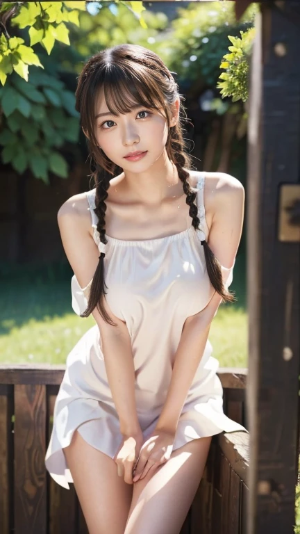 女の子1人、Whole human body、Female around 22 years old、Idol、Small、hairstyle on（black har、a side ponytail、One knot）、camisole（Underwear flickering）、mini-skirts、a photo、realisticlying、Best quality、adopt、detailed faces、Slouch、depth of ﬁeld、Bokeh