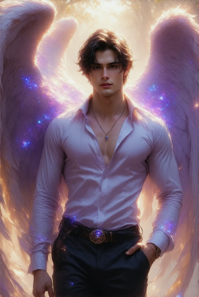 1 man, angel (4 wings), dark face, handsome, dark skinned, bare-chested, bouncing, star necklace, pink, six-pack, nipple piercing, dull, sweat, background detail, valley, large bird's nest, cave, sky, mountain peak, moon, daytime