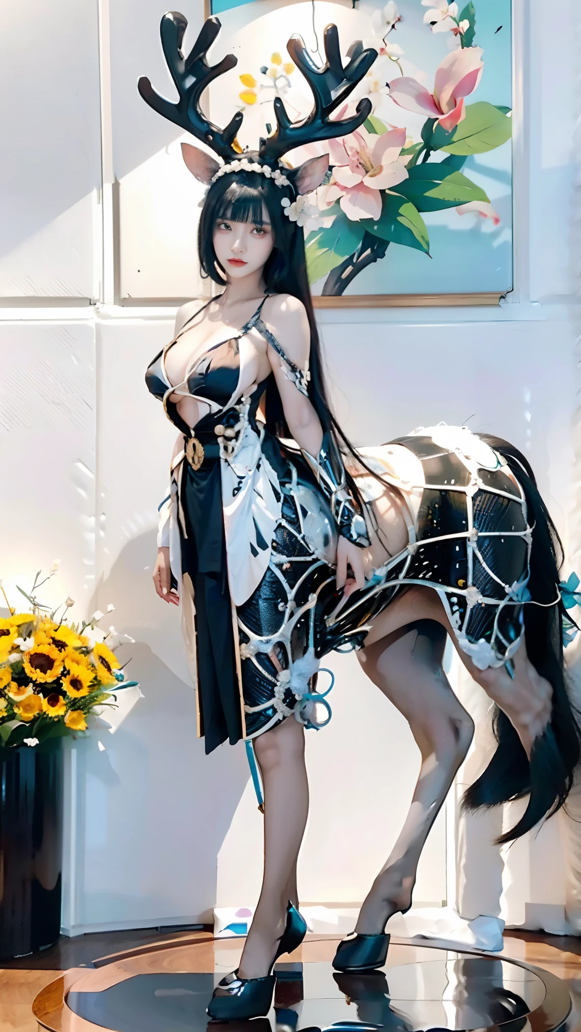 Highly Detailed beautiful and aesthetic,extremely detailed CG unity 8k wallpaper,(((masterpiece))),(((best quality))),((ultra-detailed)), ((illustration)),PureErosFace_V1,
1girl,centaur, white bikini,large breasts,white hair,red eyes,white bodysuit, black body, <lora:centaur_V15:0.45>