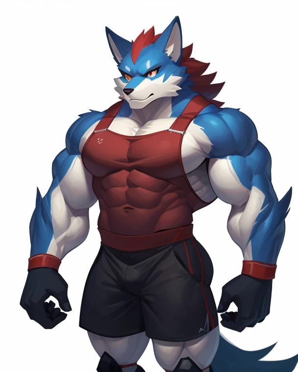 white background, front view, hands on hips, muscular male, male, furry, wolf, wolf ear, tail, beard, wearing tank top, wearing boxer briefs, looking at viewer, shy, smiling, happy