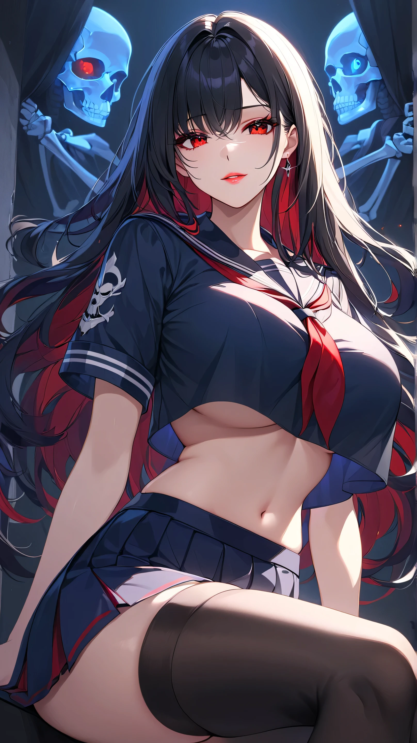 Detailed facial details,,1 girl,Red lips,Cat ear,Black long hair,Large Breasts,Wearing snow-white latex school uniform,Navel,Cheerleader,Slim,Collar,Charming blue eyes,Handcuffs,Radiant Skin,Winter snow,School